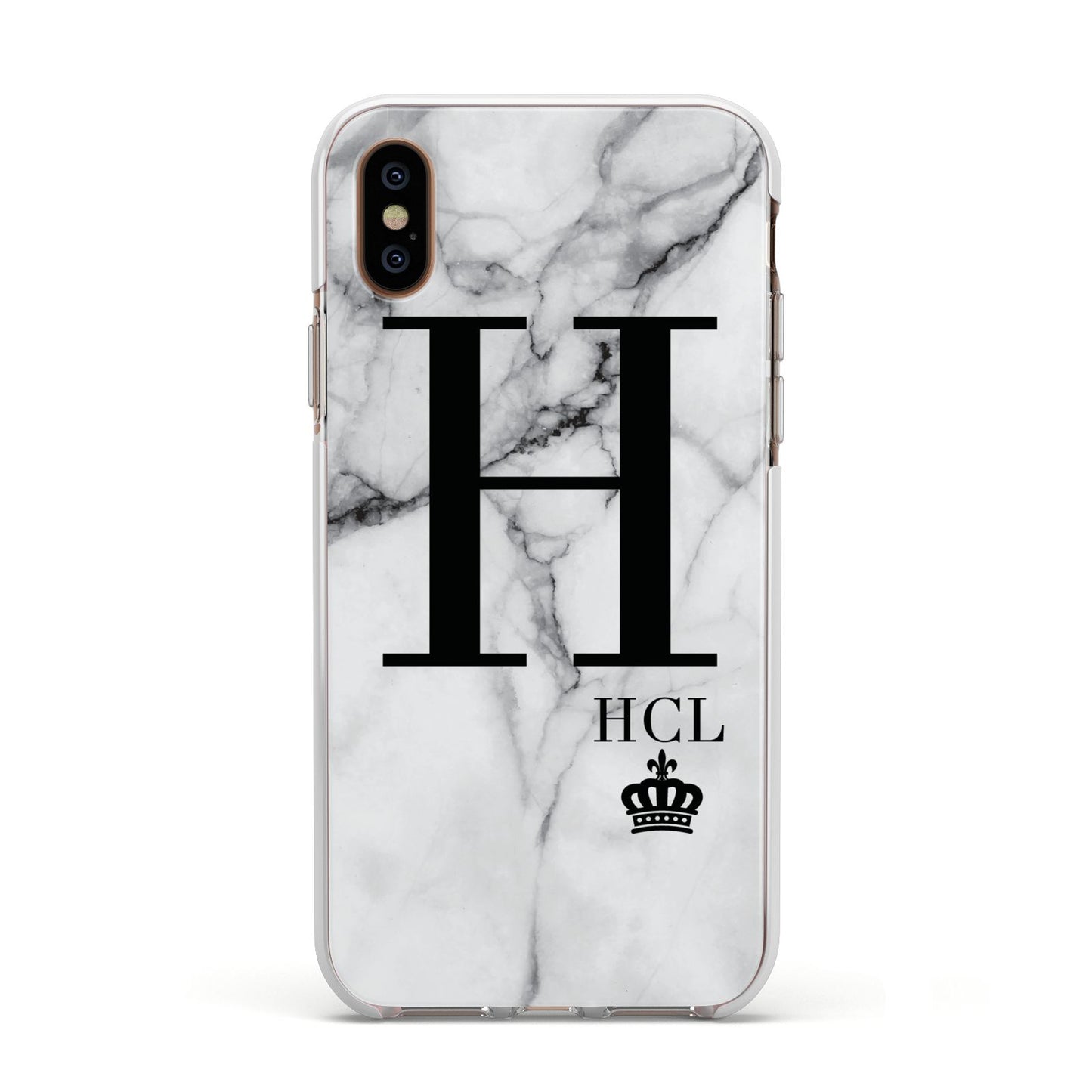 Personalised Marble Big Small Initials Apple iPhone Xs Impact Case White Edge on Gold Phone