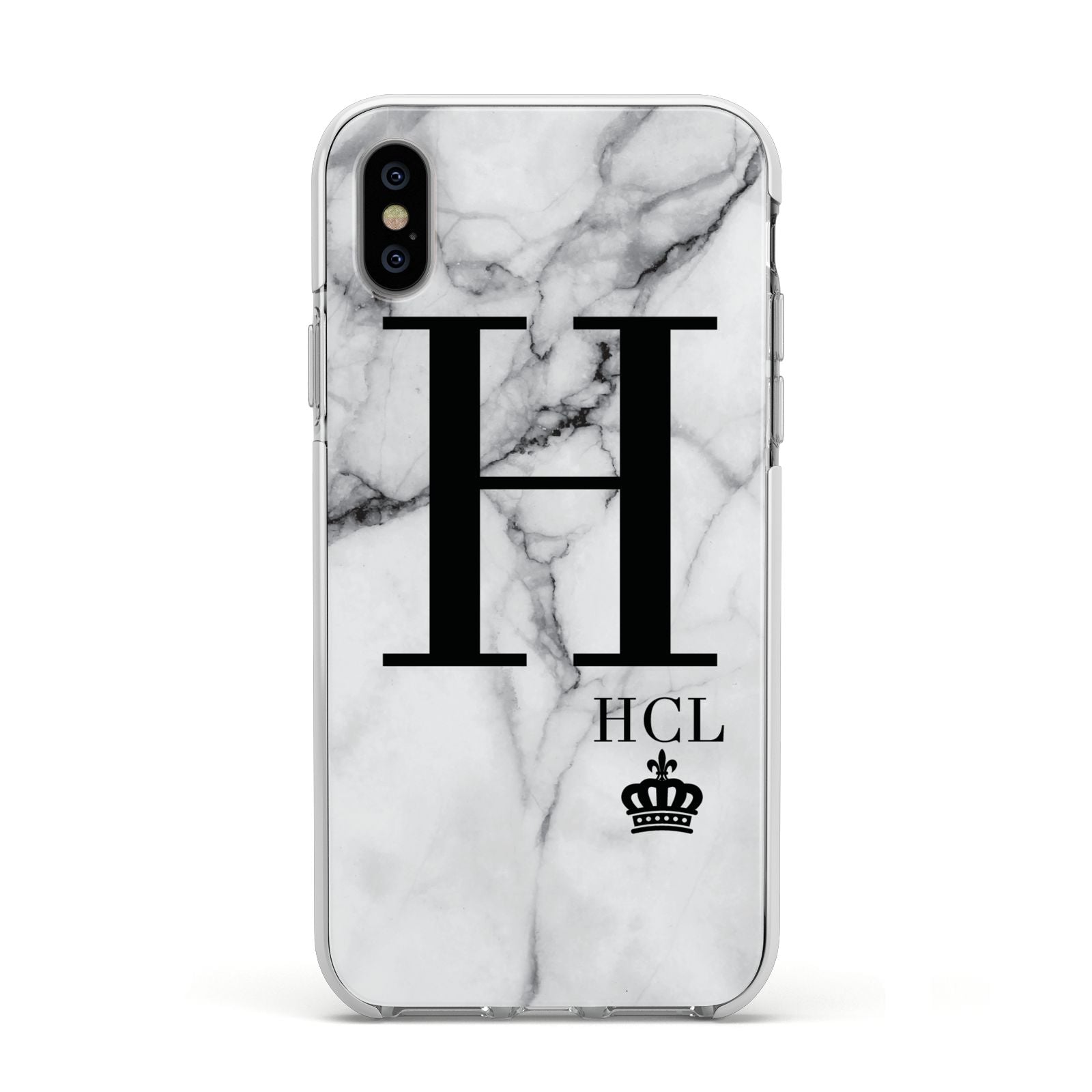 Personalised Marble Big Small Initials Apple iPhone Xs Impact Case White Edge on Silver Phone