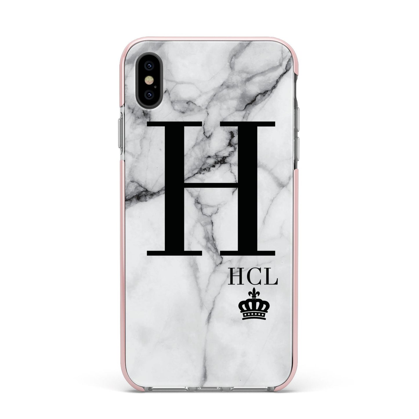 Personalised Marble Big Small Initials Apple iPhone Xs Max Impact Case Pink Edge on Black Phone