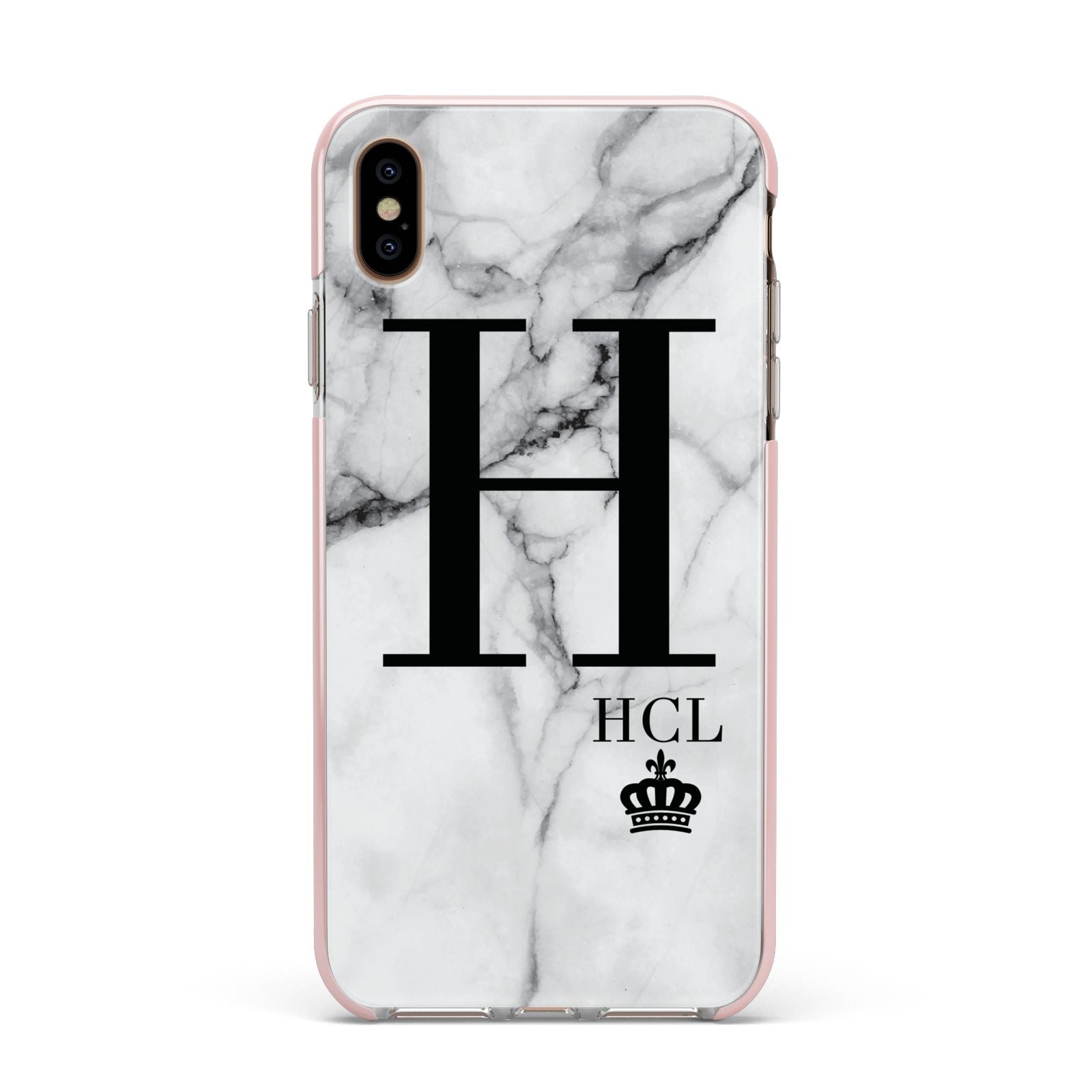 Personalised Marble Big Small Initials Apple iPhone Xs Max Impact Case Pink Edge on Gold Phone