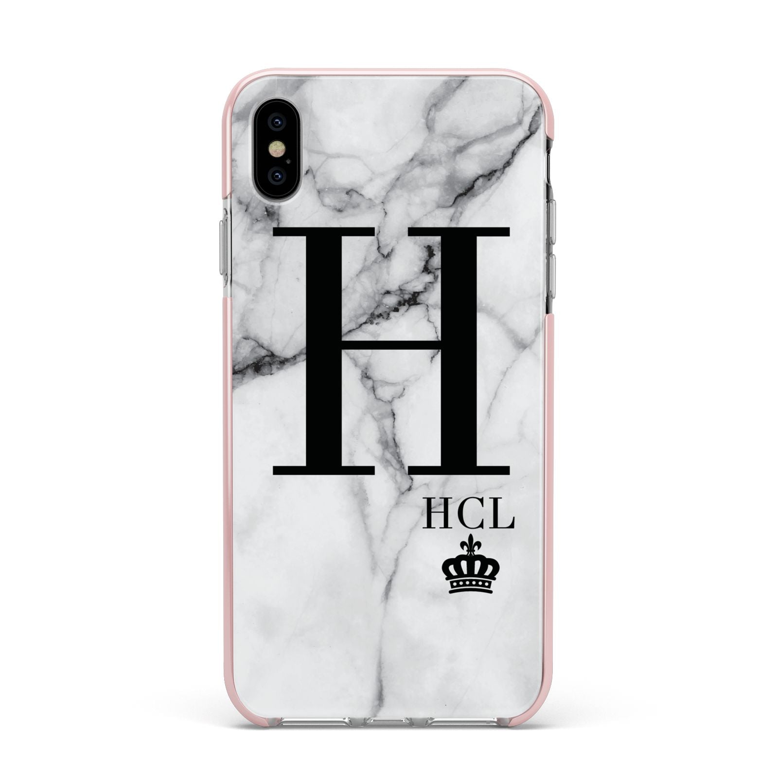 Personalised Marble Big Small Initials Apple iPhone Xs Max Impact Case Pink Edge on Silver Phone