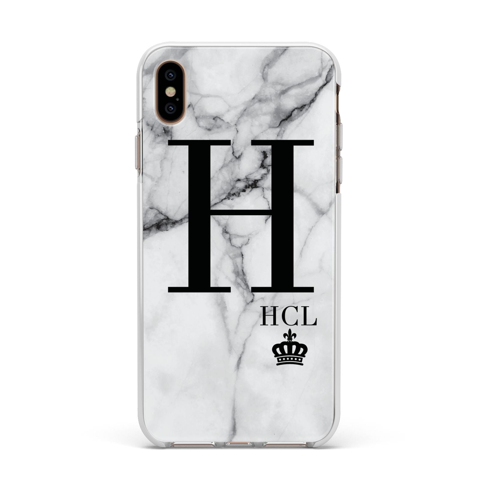 Personalised Marble Big Small Initials Apple iPhone Xs Max Impact Case White Edge on Gold Phone