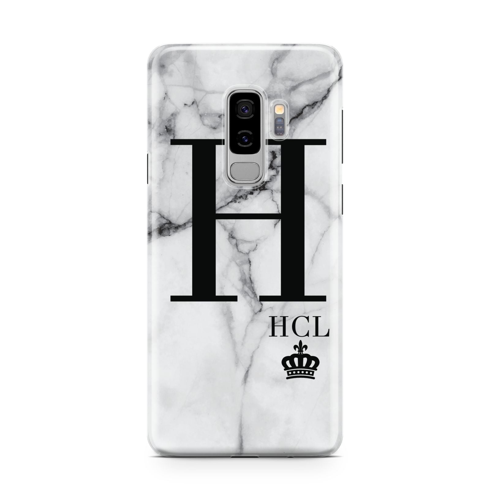 Personalised Marble Big Small Initials Samsung Galaxy S9 Plus Case on Silver phone