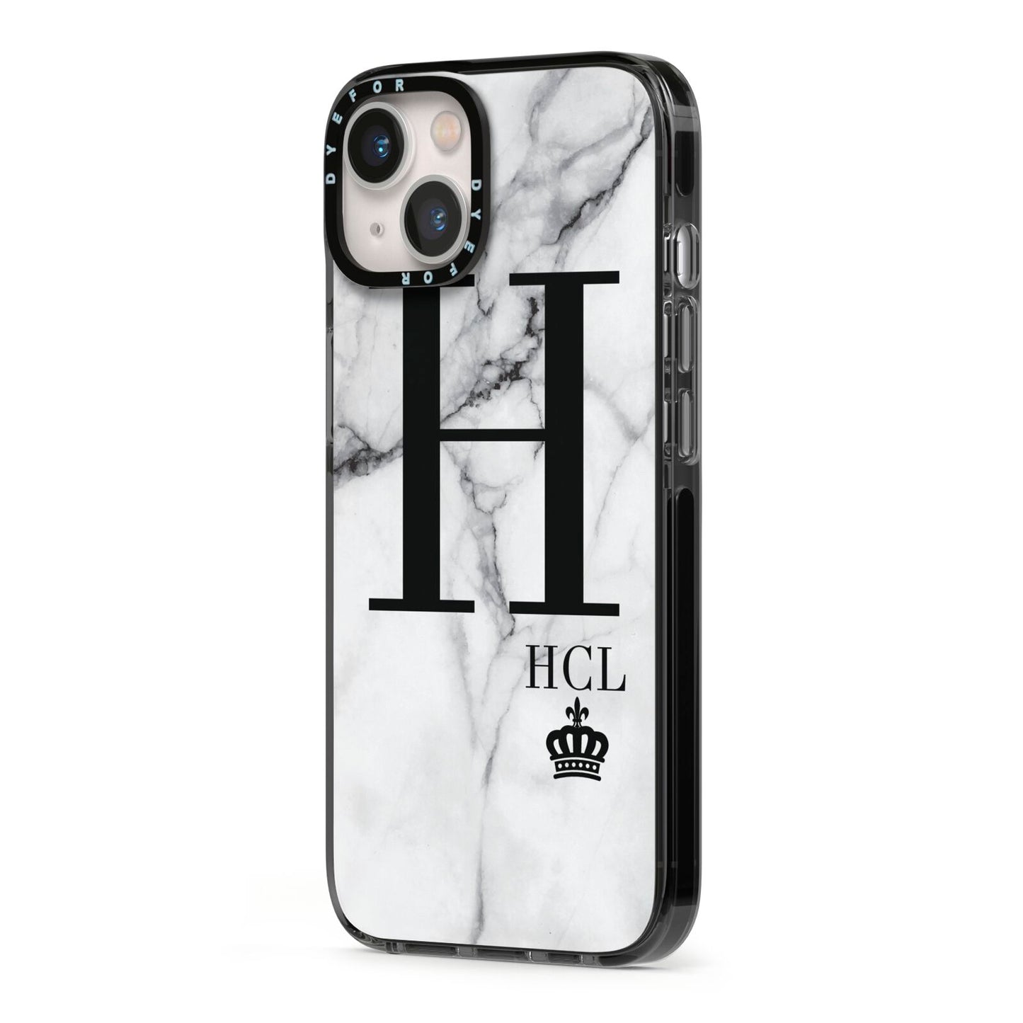 Personalised Marble Big Small Initials iPhone 13 Black Impact Case Side Angle on Silver phone