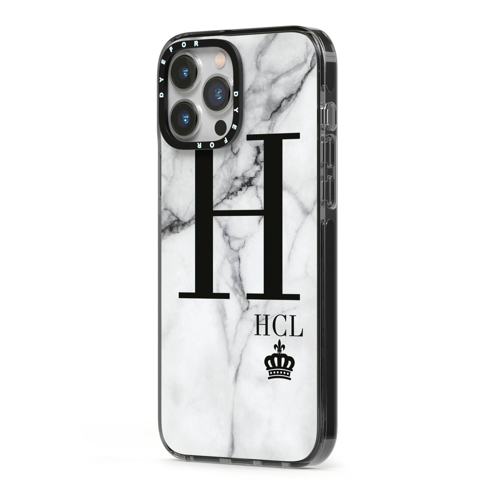 Personalised Marble Big Small Initials iPhone 13 Pro Max Black Impact Case Side Angle on Silver phone