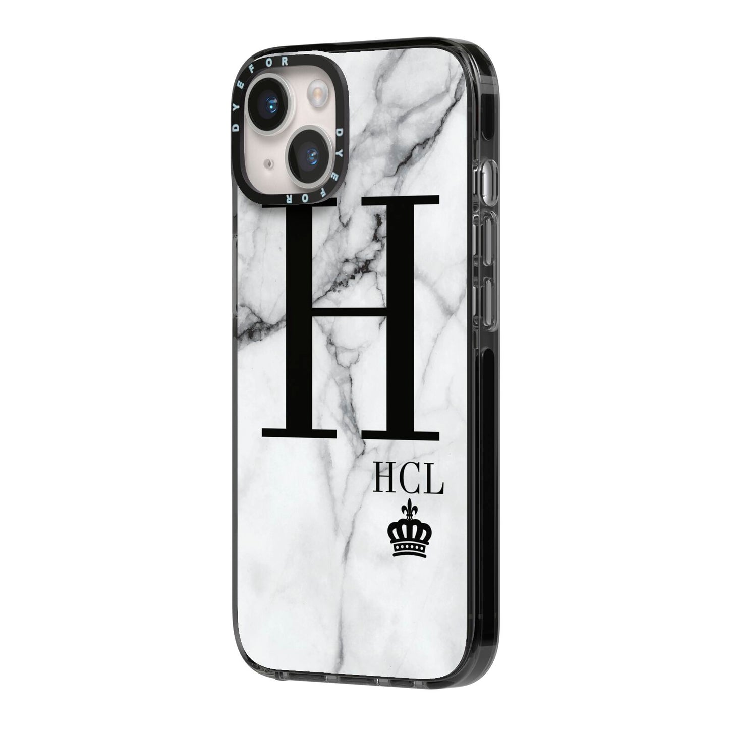 Personalised Marble Big Small Initials iPhone 14 Black Impact Case Side Angle on Silver phone