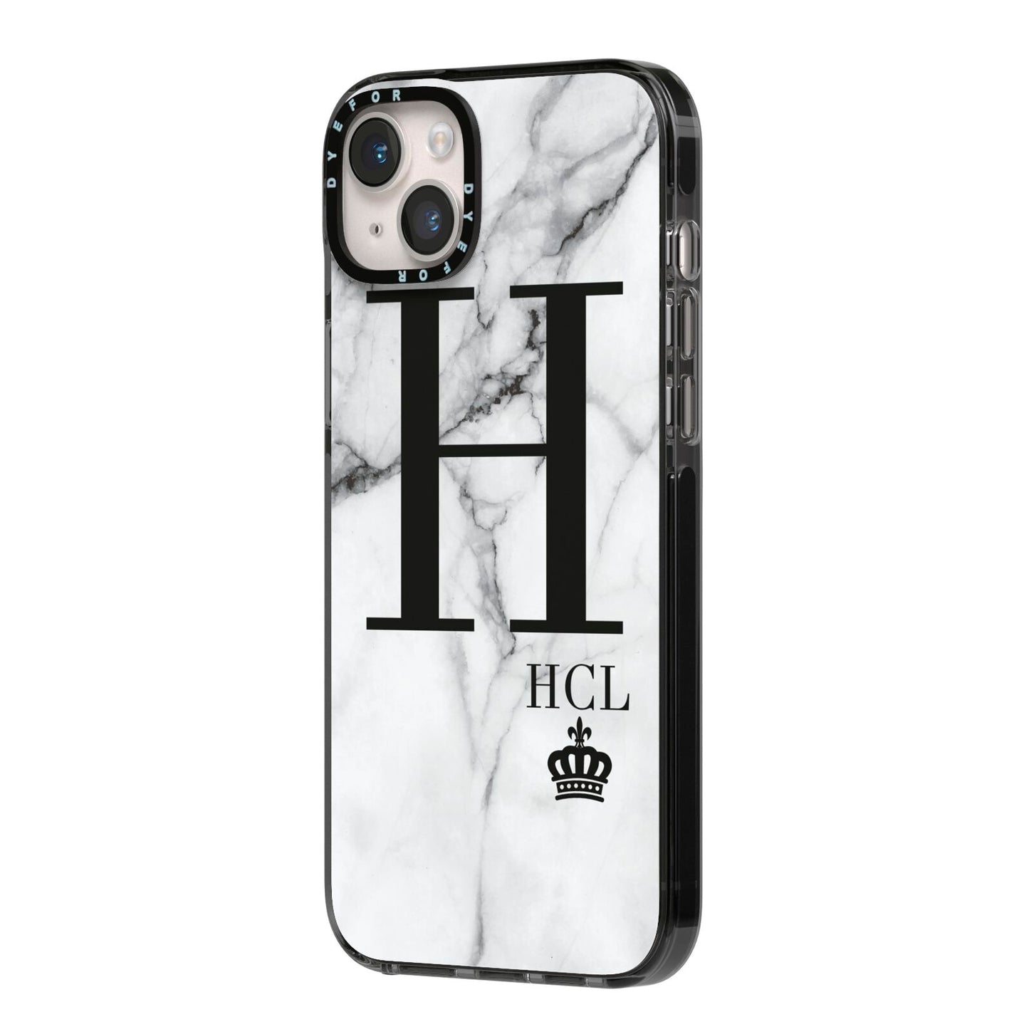 Personalised Marble Big Small Initials iPhone 14 Plus Black Impact Case Side Angle on Silver phone