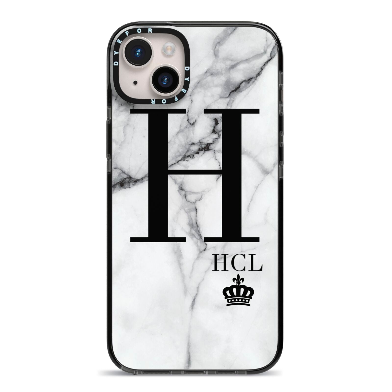 Personalised Marble Big Small Initials iPhone 14 Plus Black Impact Case on Silver phone