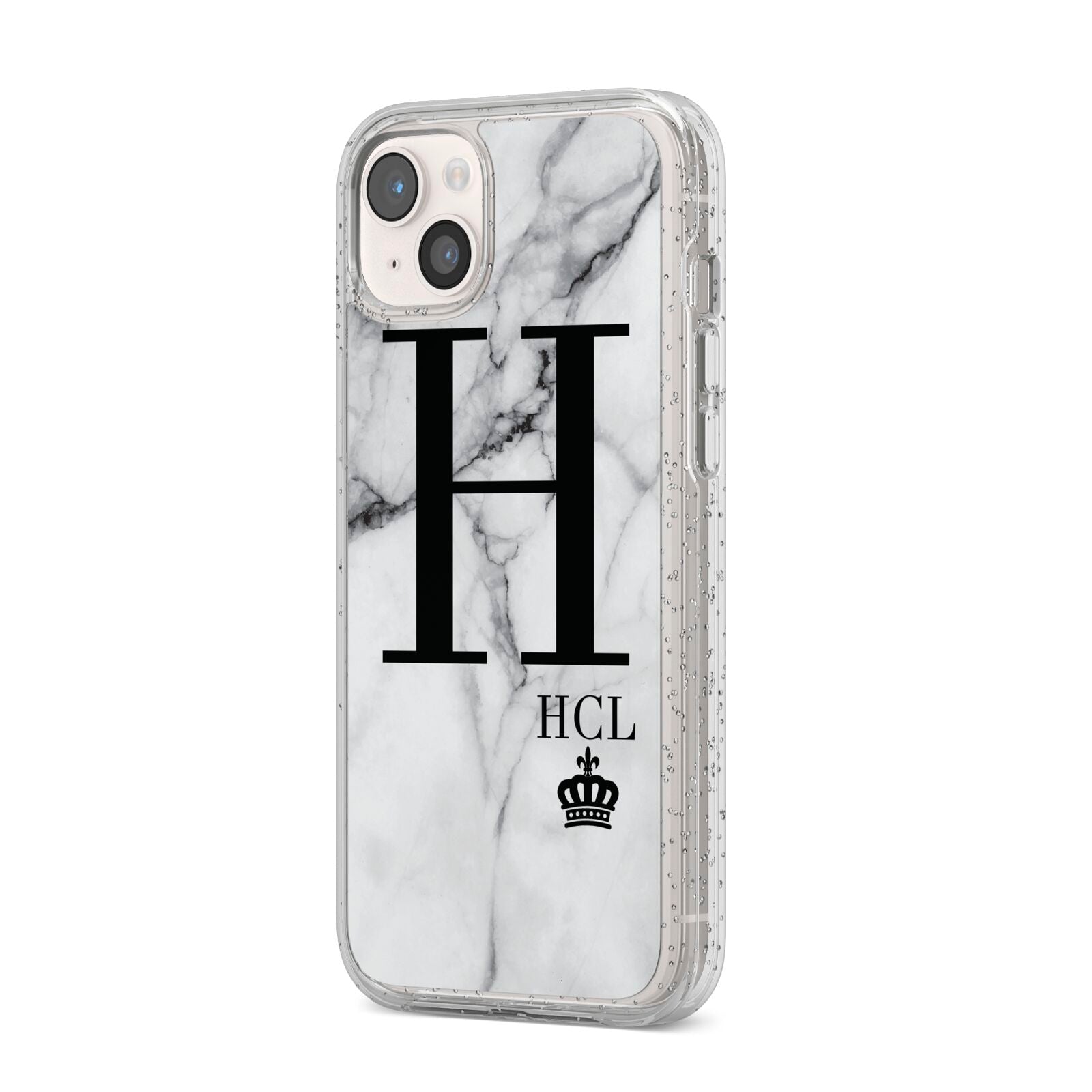 Personalised Marble Big Small Initials iPhone 14 Plus Glitter Tough Case Starlight Angled Image