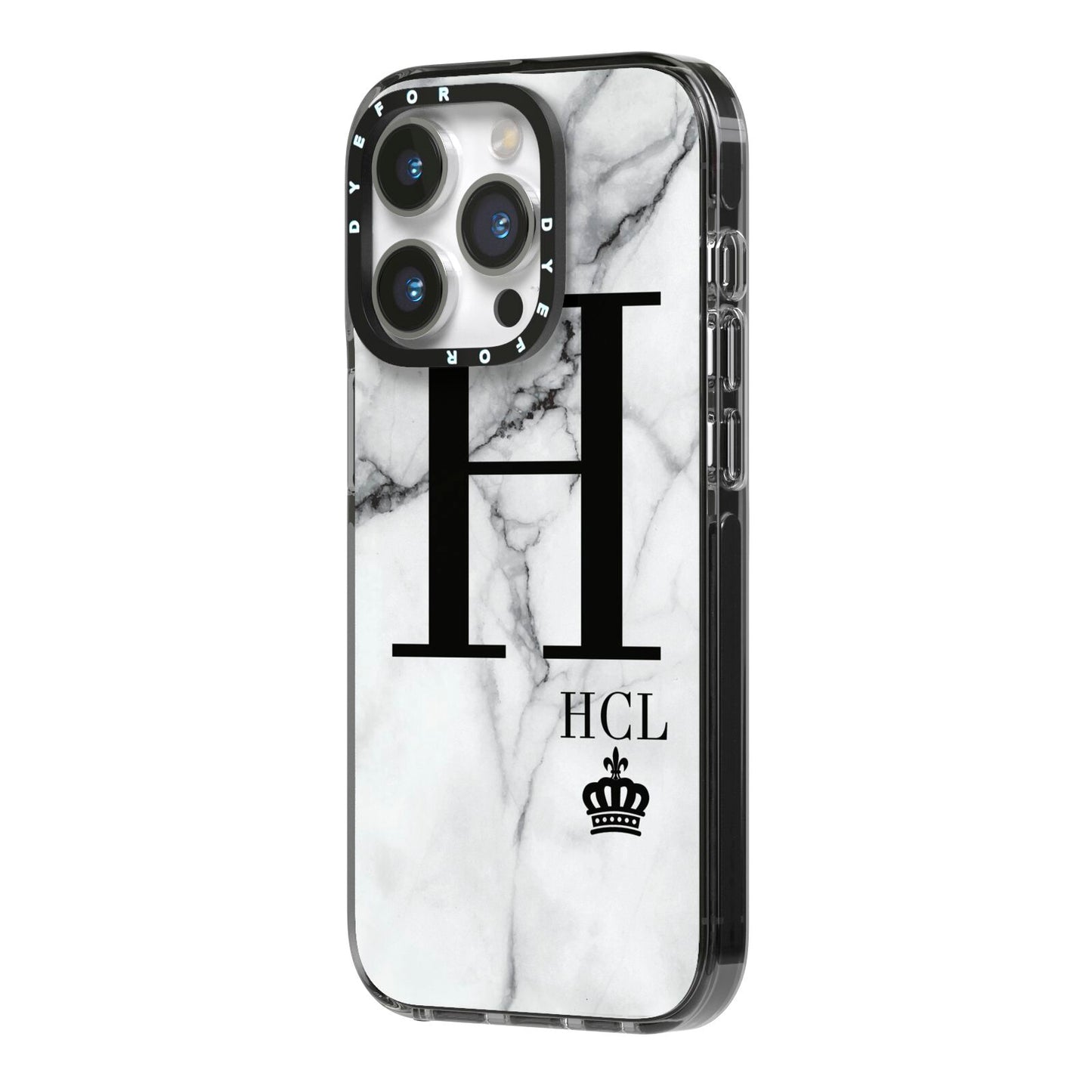 Personalised Marble Big Small Initials iPhone 14 Pro Black Impact Case Side Angle on Silver phone