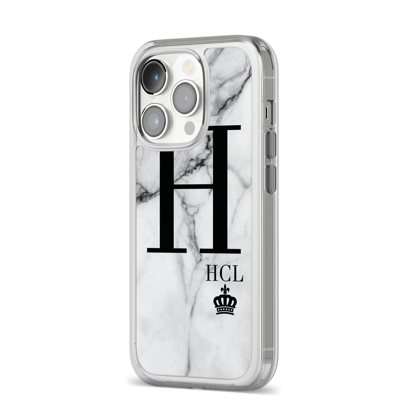 Personalised Marble Big Small Initials iPhone 14 Pro Clear Tough Case Silver Angled Image