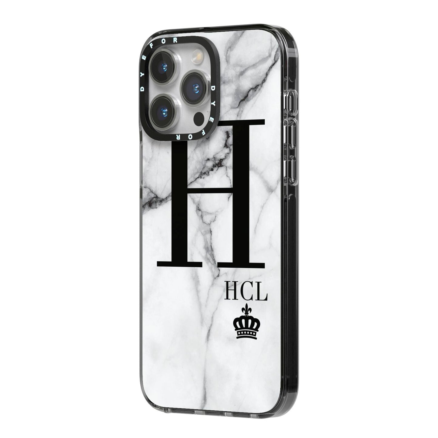 Personalised Marble Big Small Initials iPhone 14 Pro Max Black Impact Case Side Angle on Silver phone