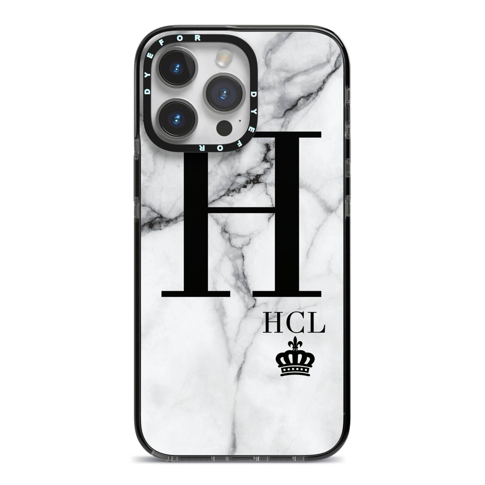 Personalised Marble Big Small Initials iPhone 14 Pro Max Black Impact Case on Silver phone