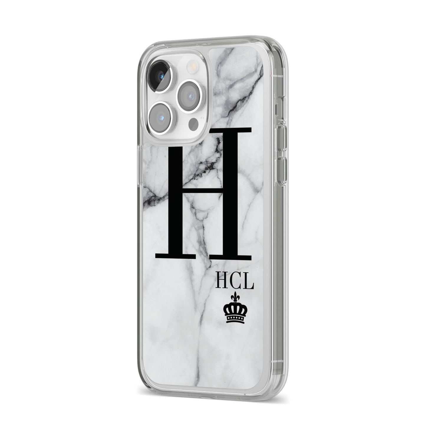 Personalised Marble Big Small Initials iPhone 14 Pro Max Clear Tough Case Silver Angled Image