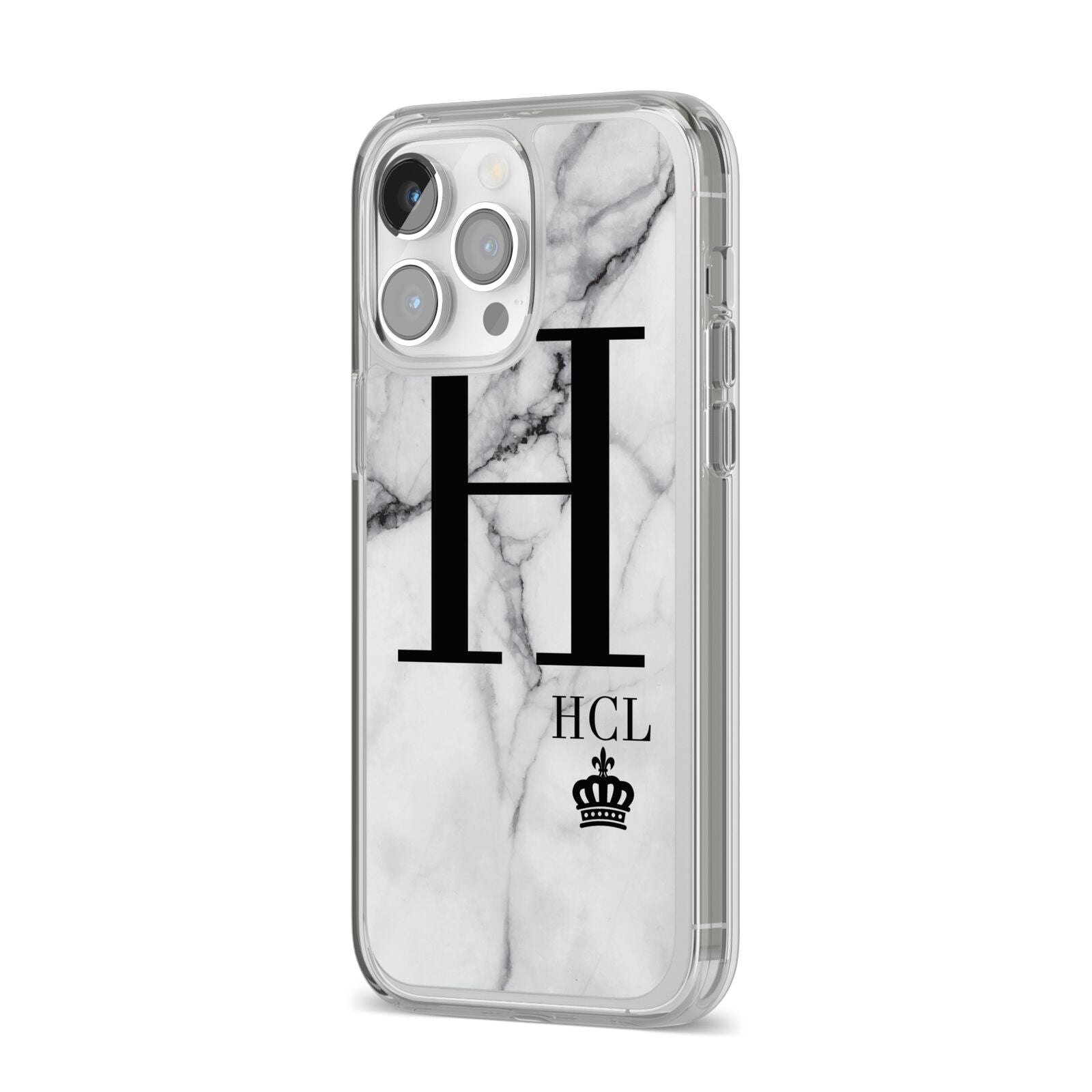 Personalised Marble Big Small Initials iPhone 14 Pro Max Clear Tough Case Silver Angled Image