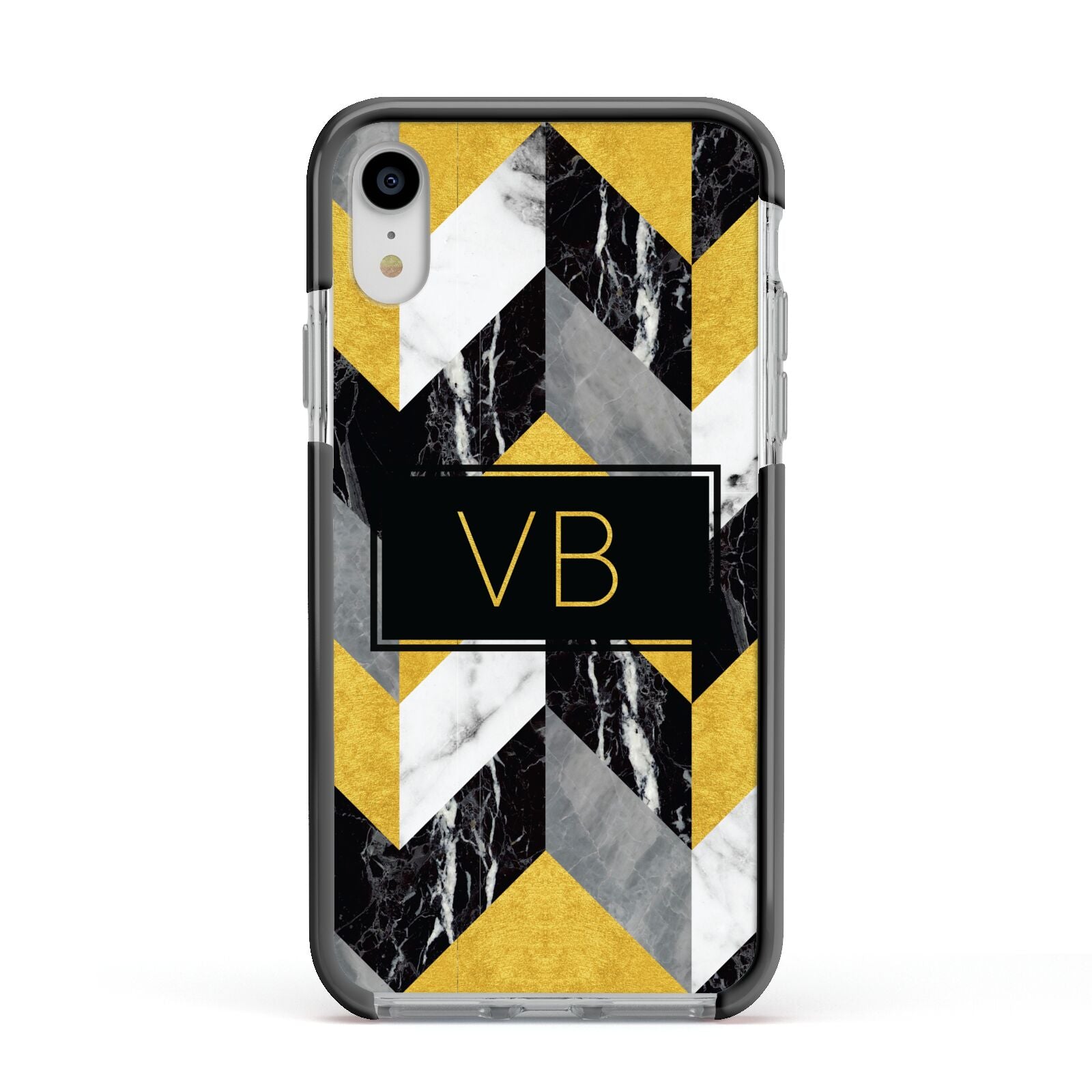 Personalised Marble Effect Initials Apple iPhone XR Impact Case Black Edge on Silver Phone