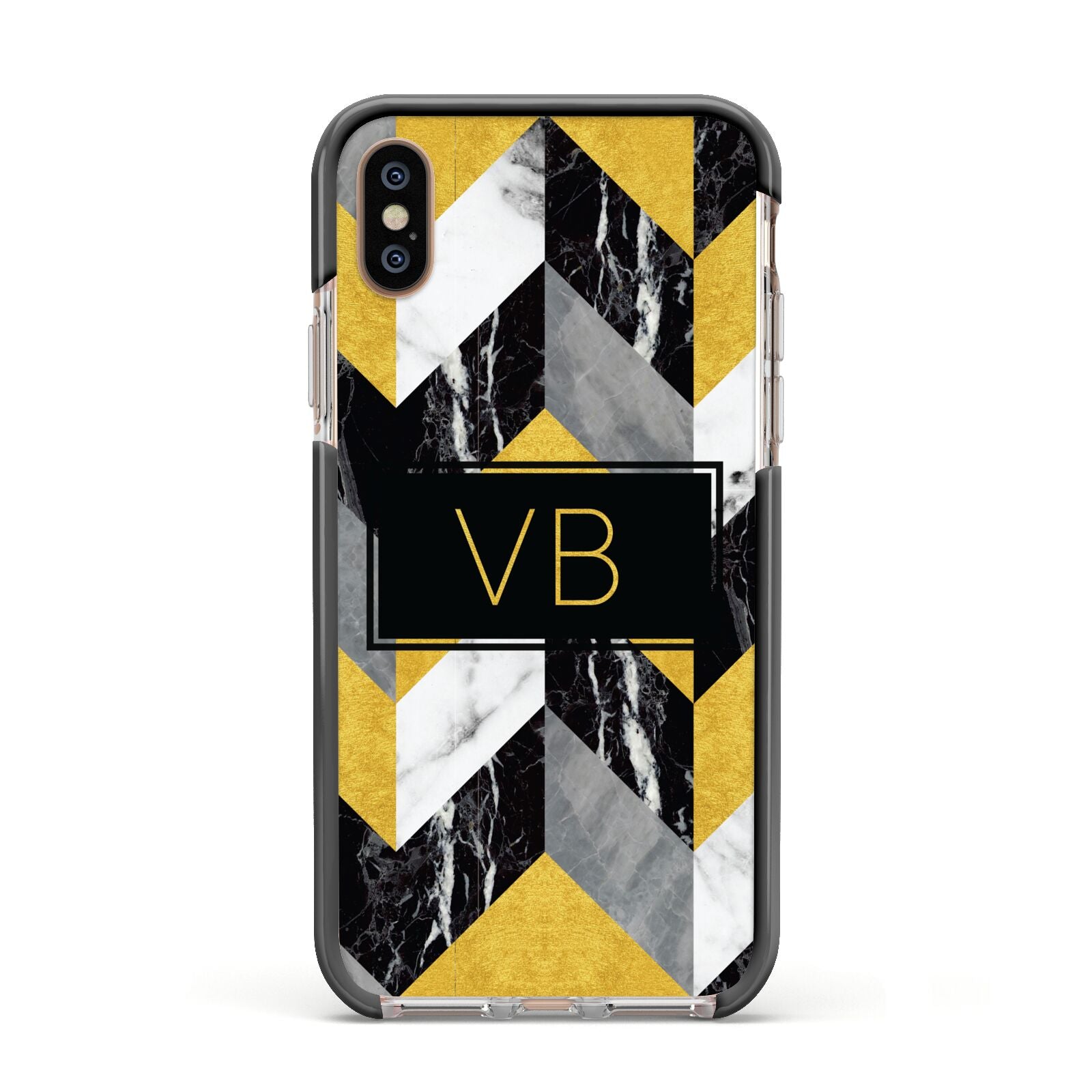 Personalised Marble Effect Initials Apple iPhone Xs Impact Case Black Edge on Gold Phone