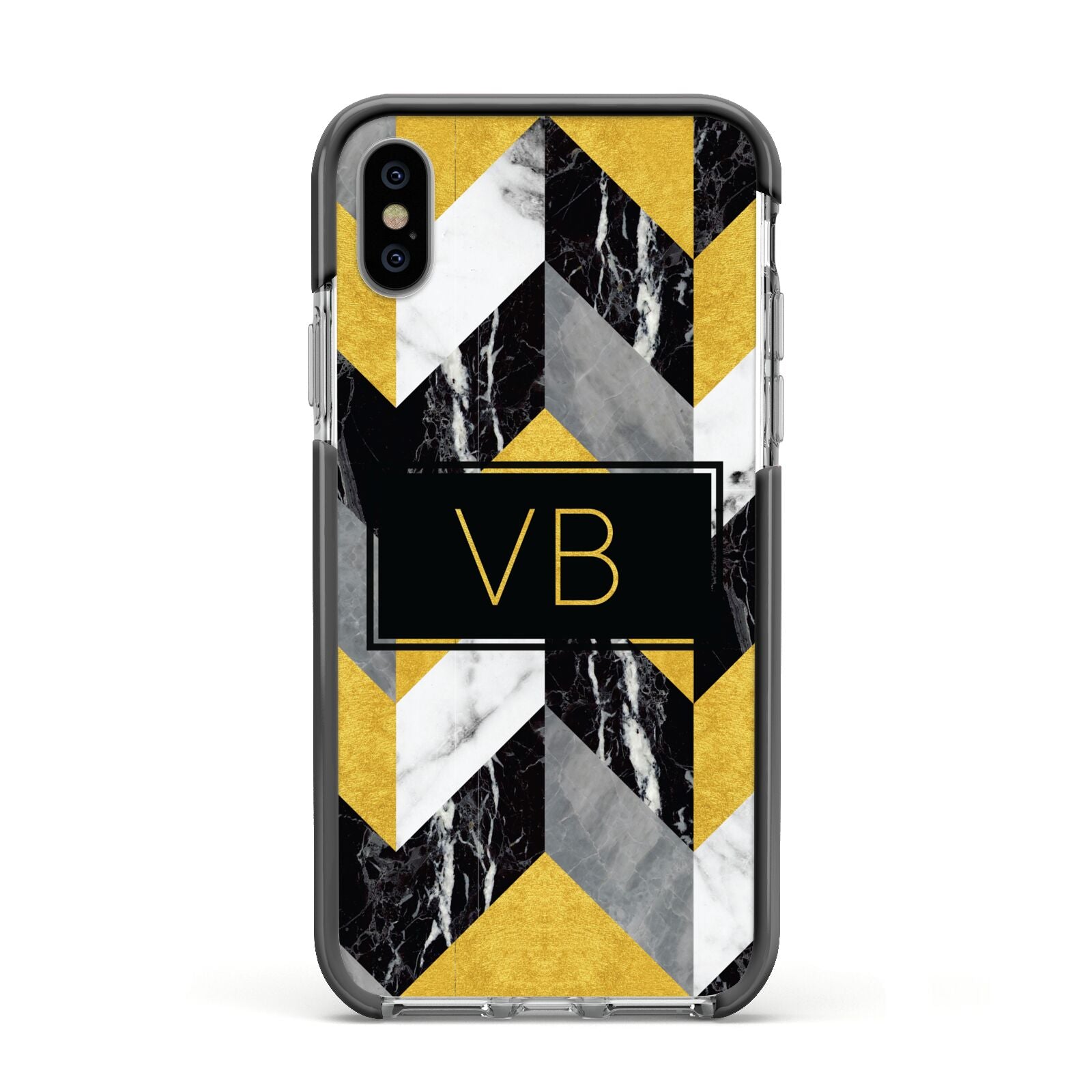 Personalised Marble Effect Initials Apple iPhone Xs Impact Case Black Edge on Silver Phone