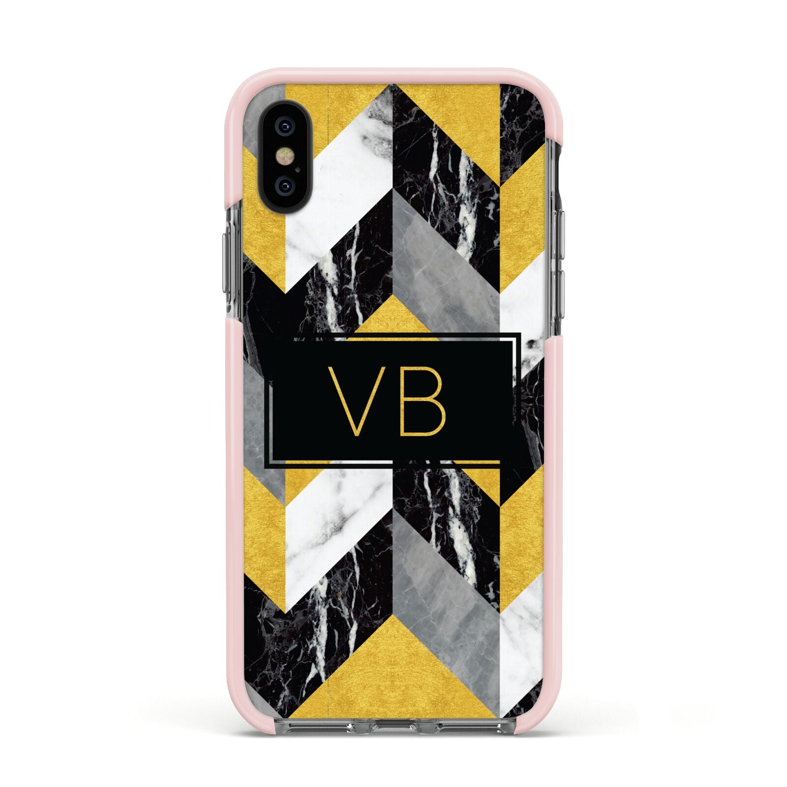 Personalised Marble Effect Initials Apple iPhone Xs Impact Case Pink Edge on Black Phone