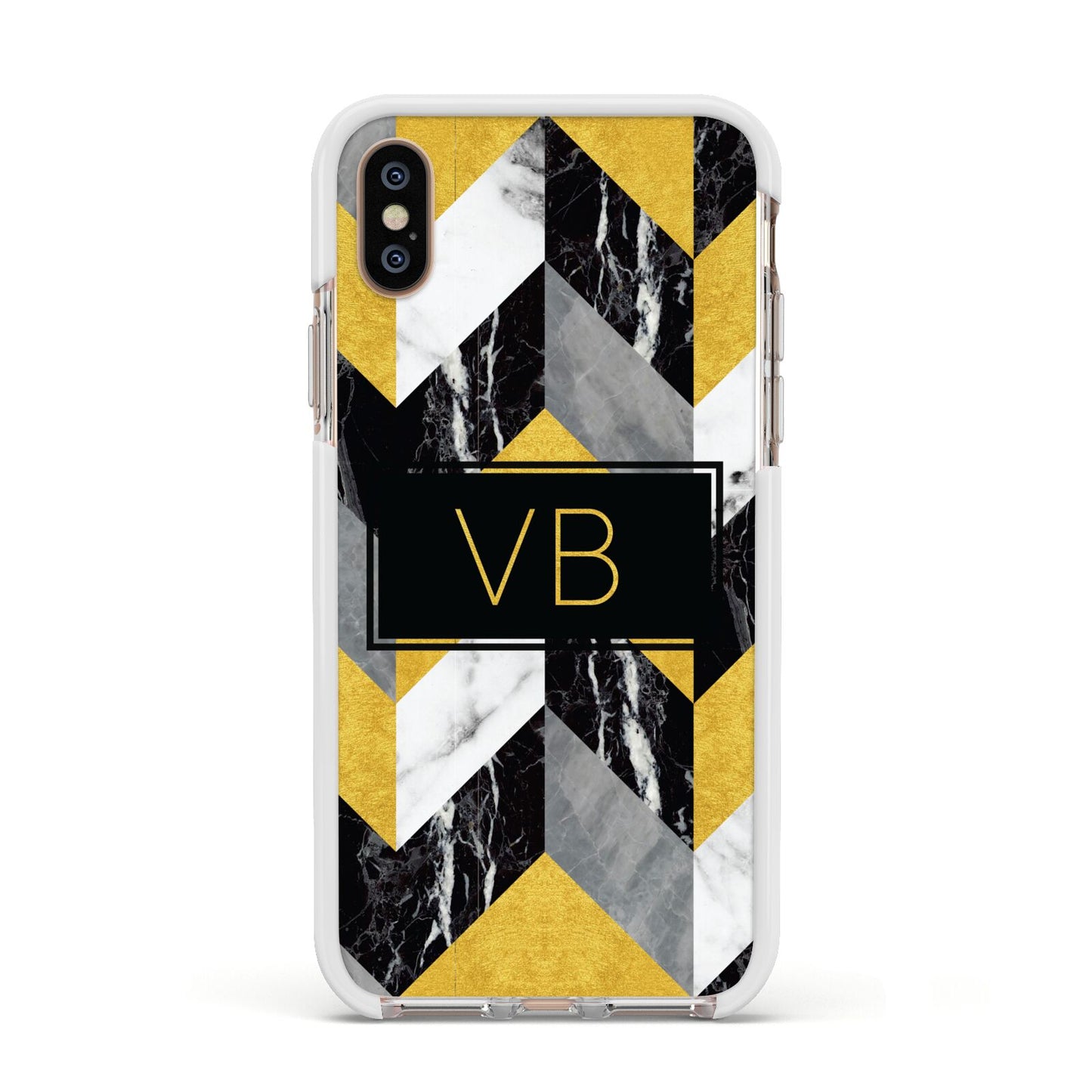 Personalised Marble Effect Initials Apple iPhone Xs Impact Case White Edge on Gold Phone