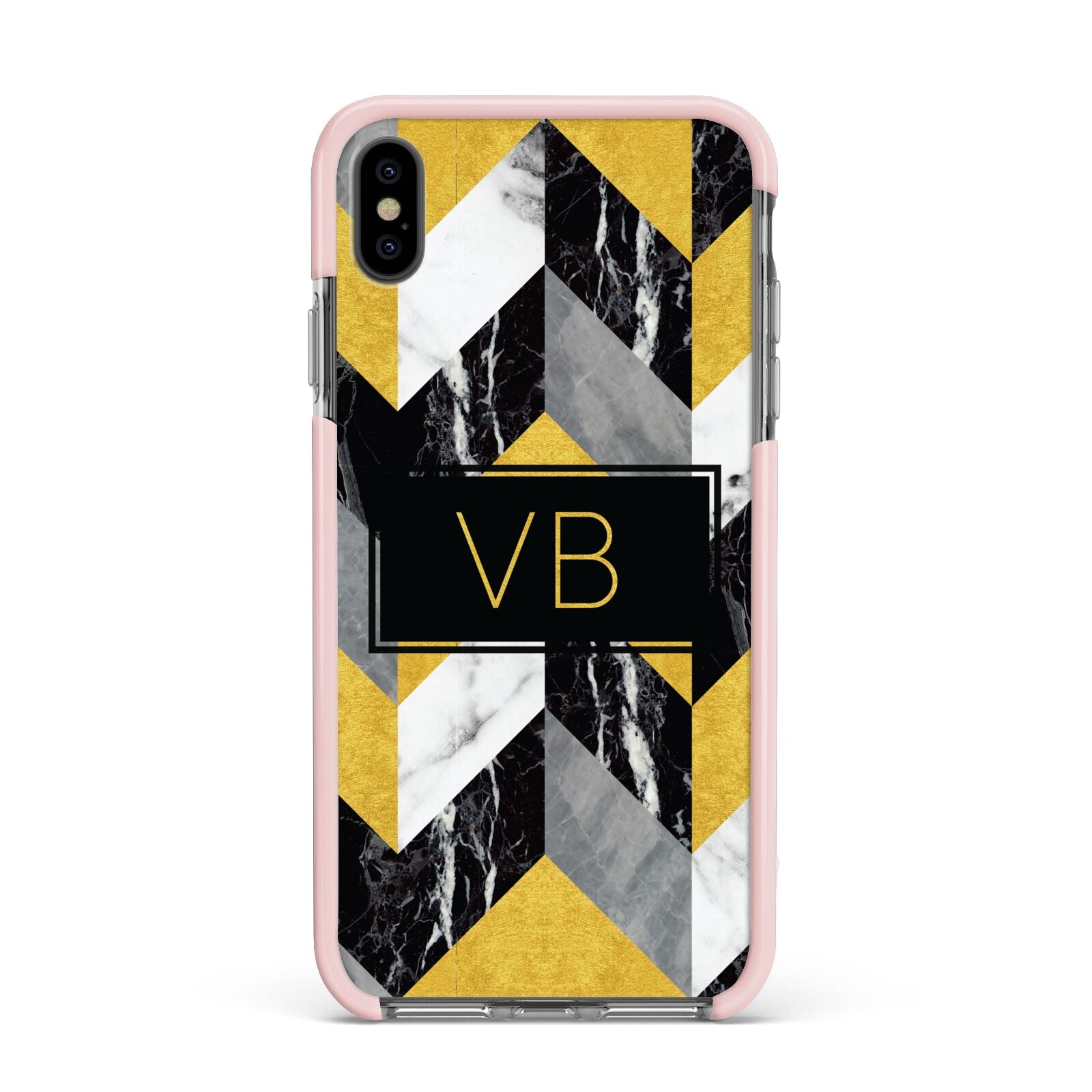 Personalised Marble Effect Initials Apple iPhone Xs Max Impact Case Pink Edge on Black Phone