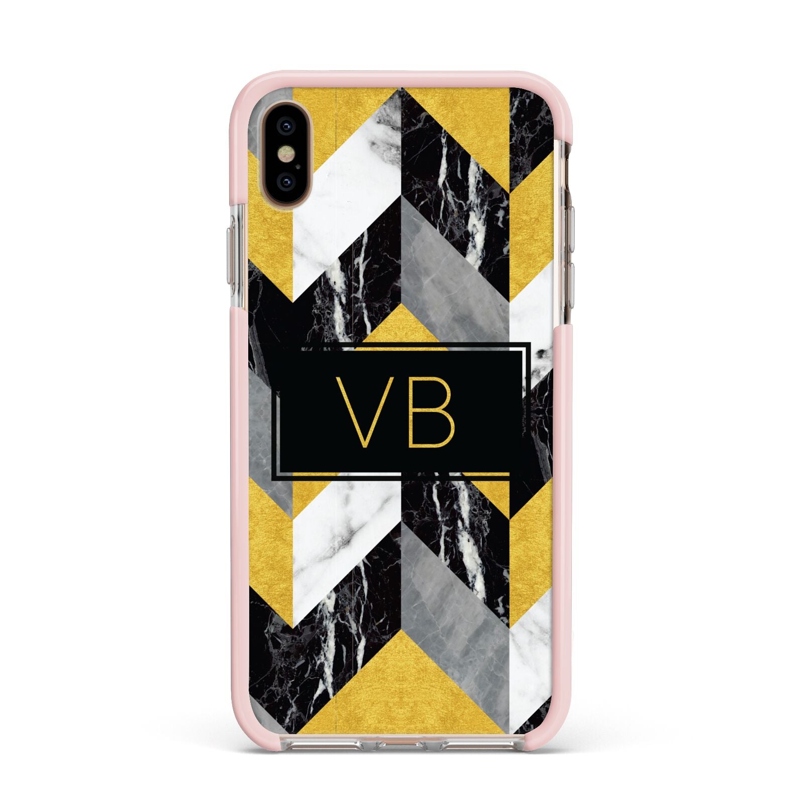 Personalised Marble Effect Initials Apple iPhone Xs Max Impact Case Pink Edge on Gold Phone