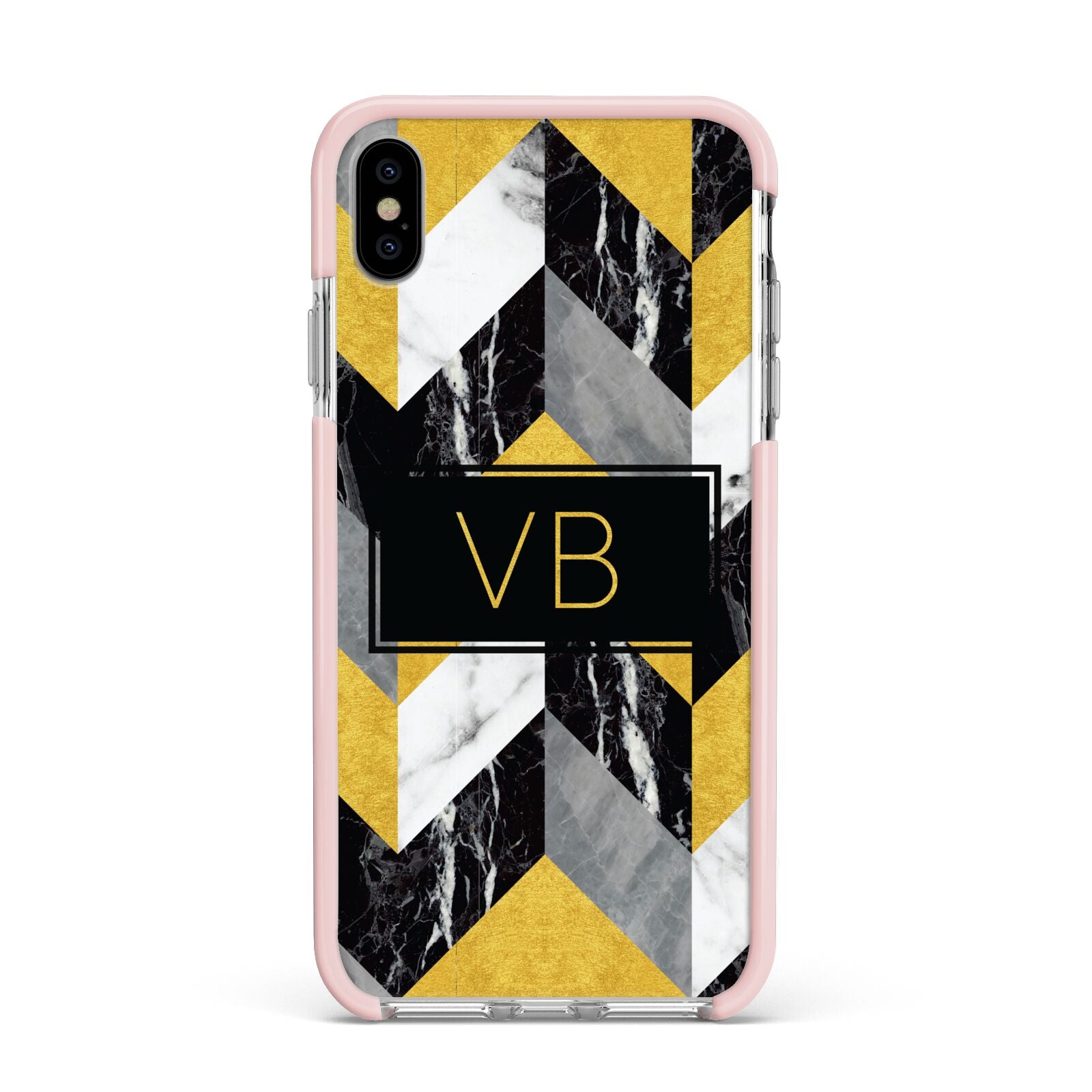 Personalised Marble Effect Initials Apple iPhone Xs Max Impact Case Pink Edge on Silver Phone