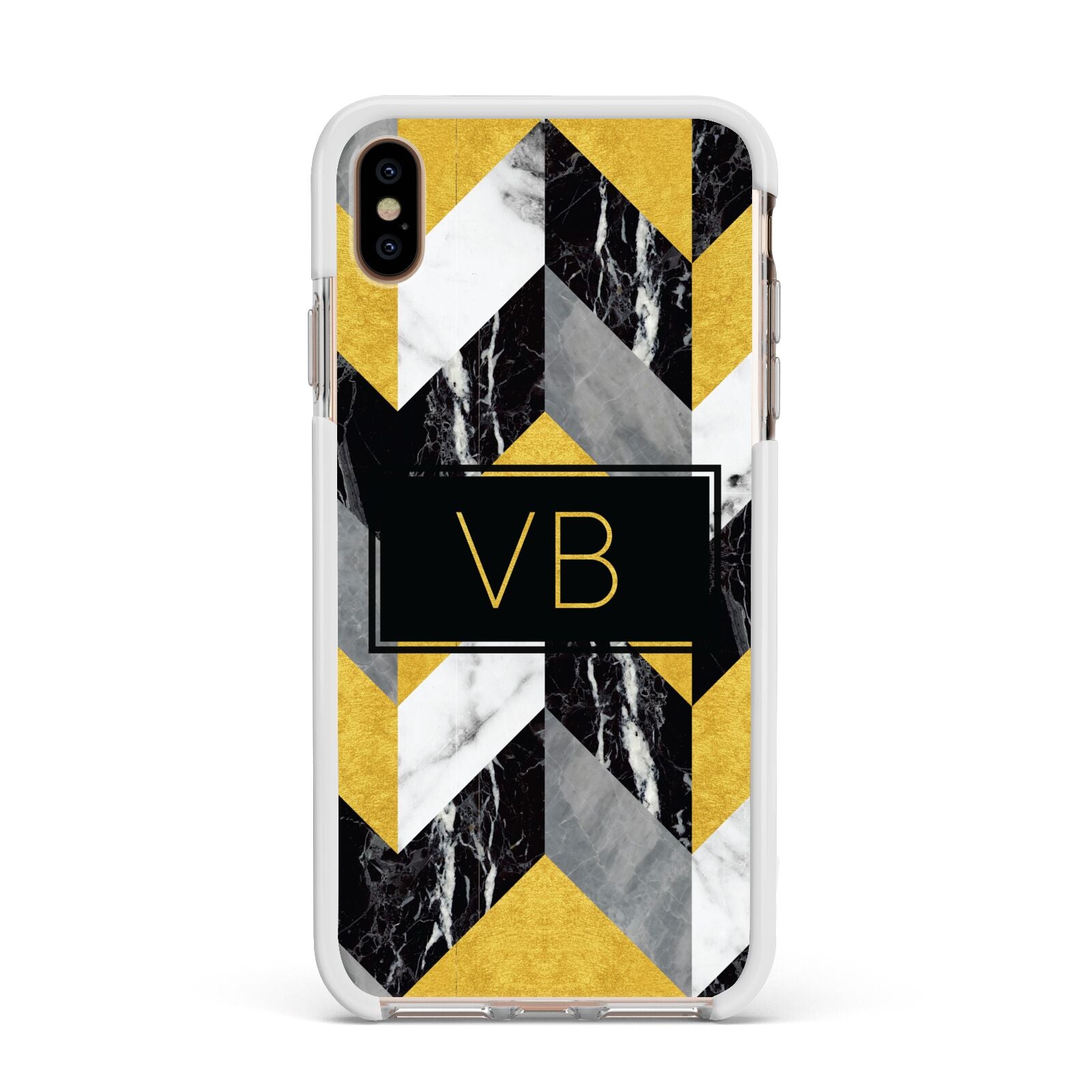 Personalised Marble Effect Initials Apple iPhone Xs Max Impact Case White Edge on Gold Phone
