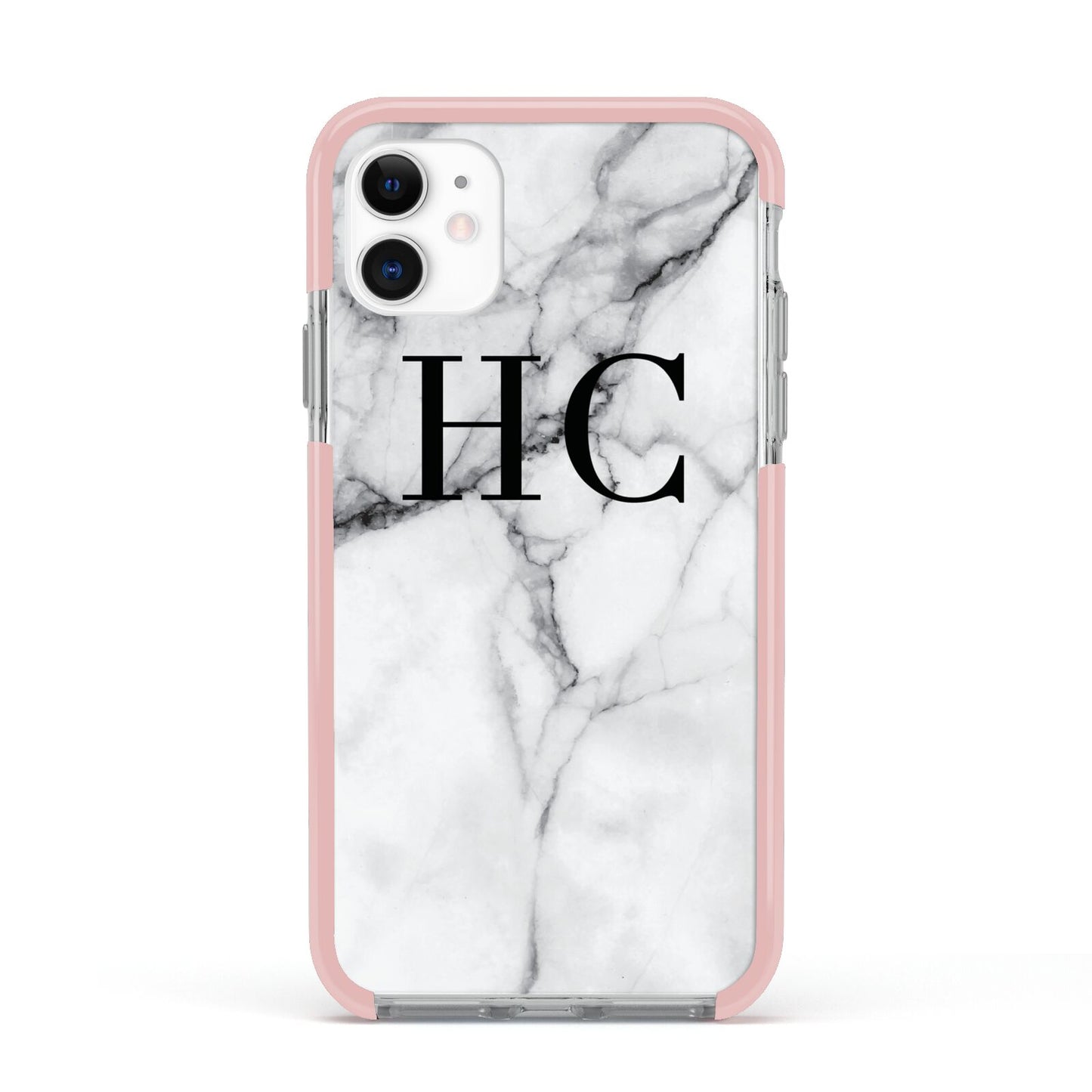Personalised Marble Effect Initials Monogram Apple iPhone 11 in White with Pink Impact Case