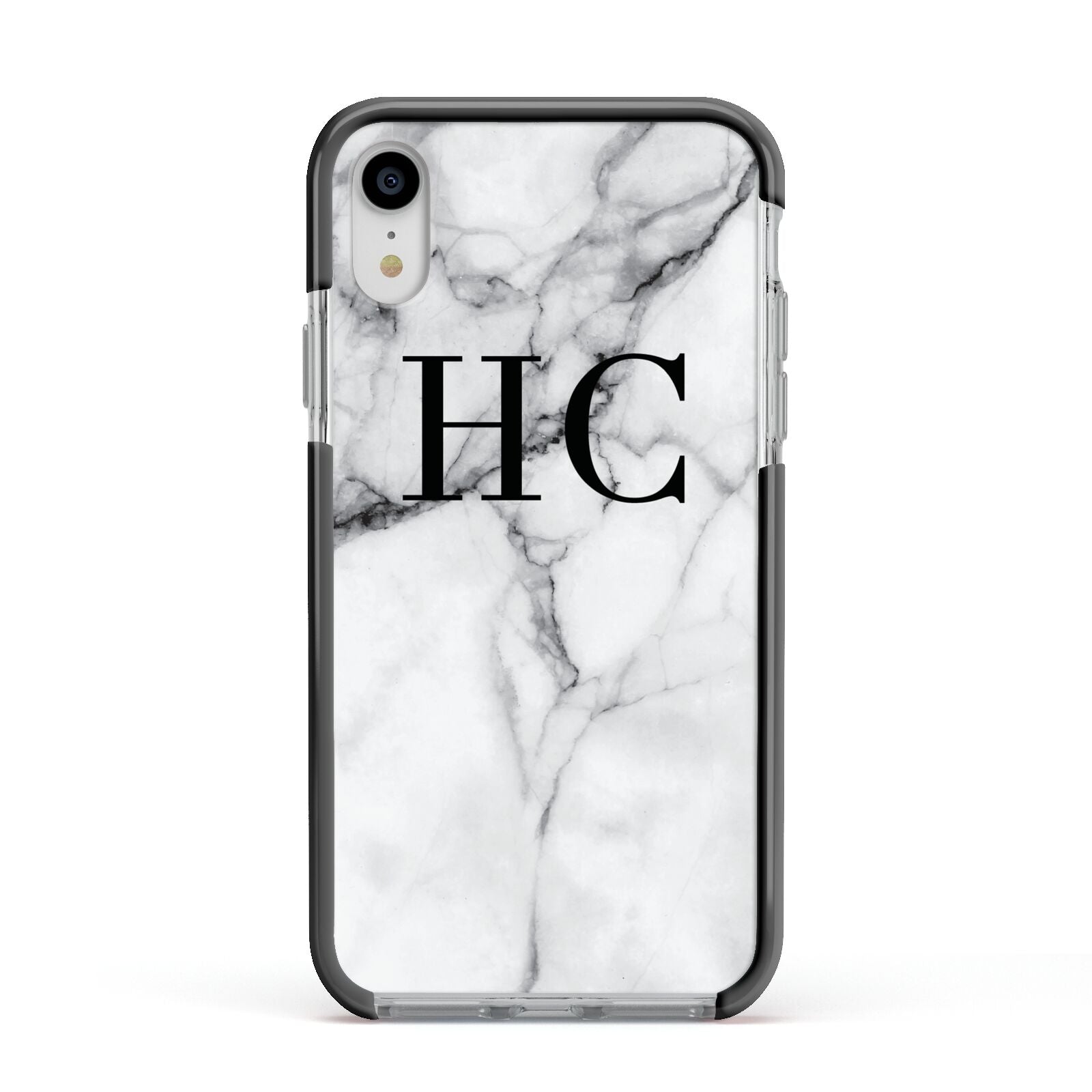 Personalised Marble Effect Initials Monogram Apple iPhone XR Impact Case Black Edge on Silver Phone