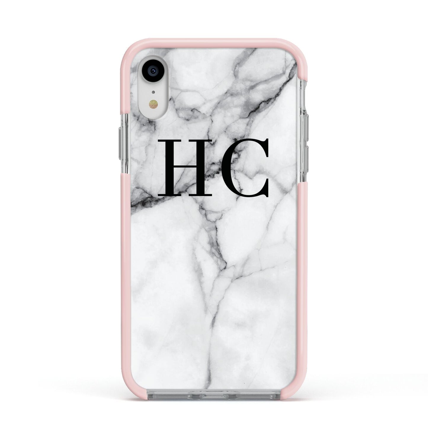 Personalised Marble Effect Initials Monogram Apple iPhone XR Impact Case Pink Edge on Silver Phone
