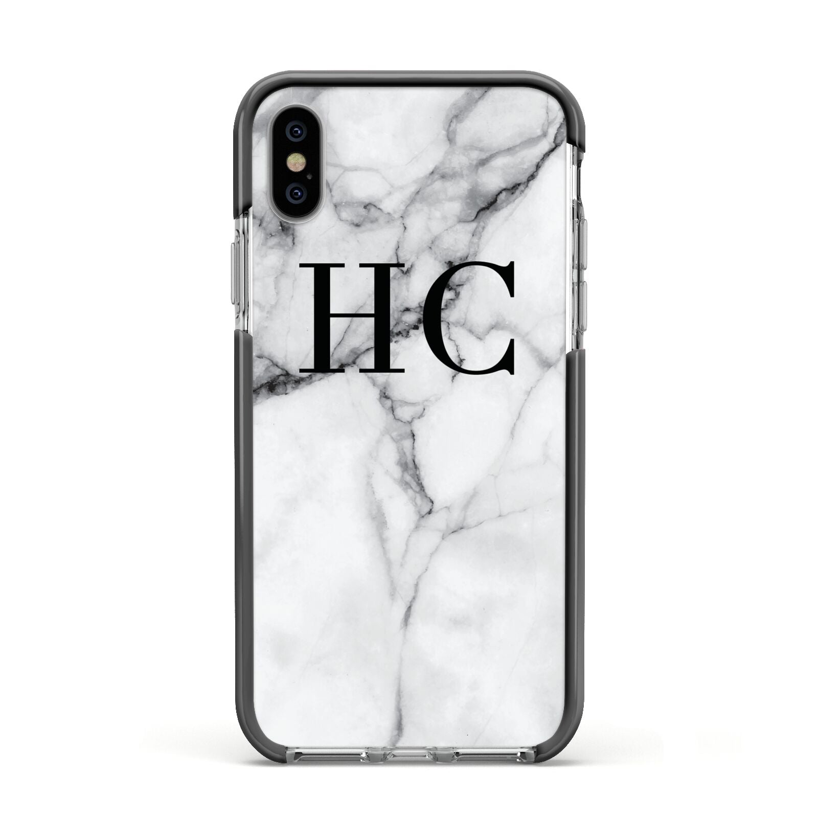 Personalised Marble Effect Initials Monogram Apple iPhone Xs Impact Case Black Edge on Silver Phone