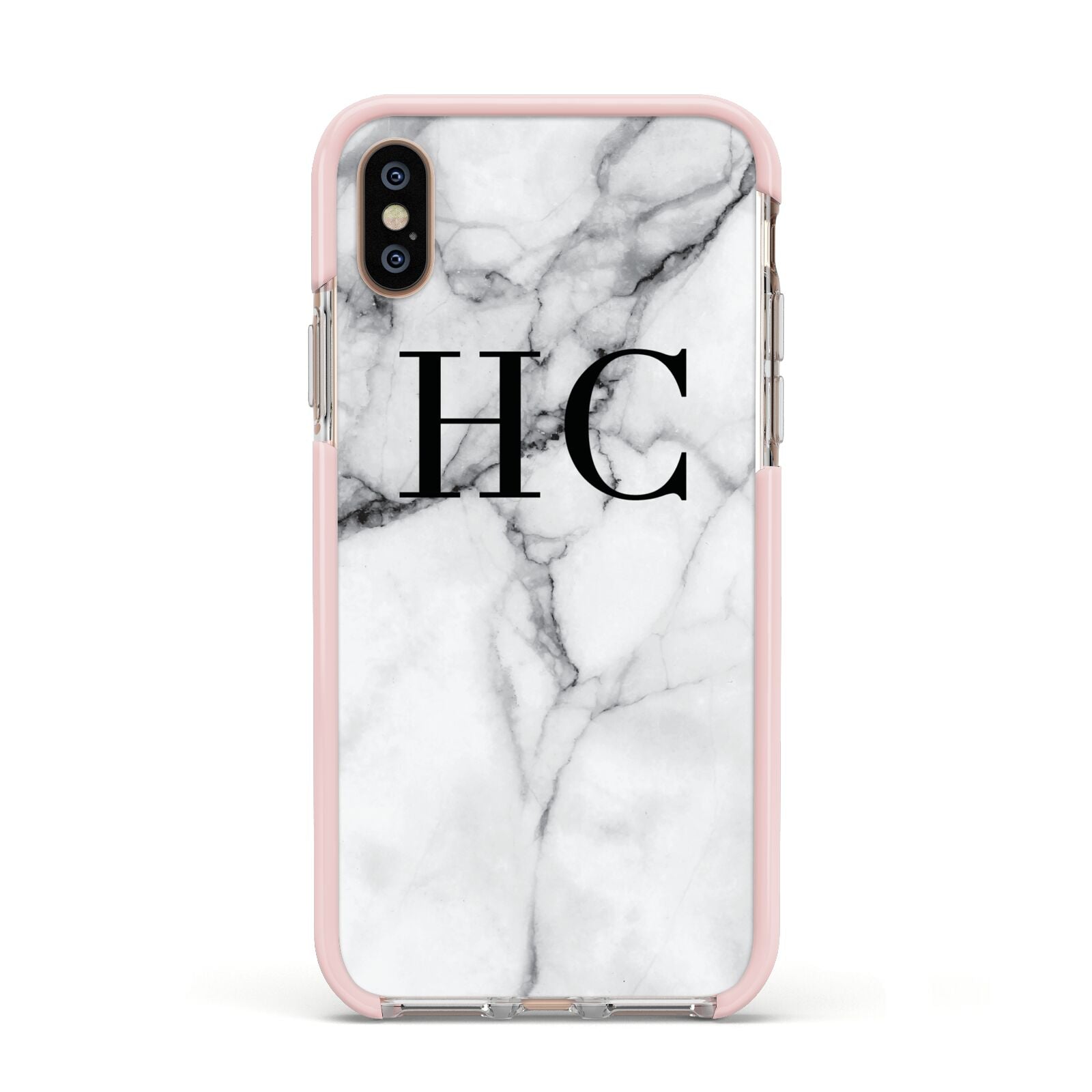 Personalised Marble Effect Initials Monogram Apple iPhone Xs Impact Case Pink Edge on Gold Phone