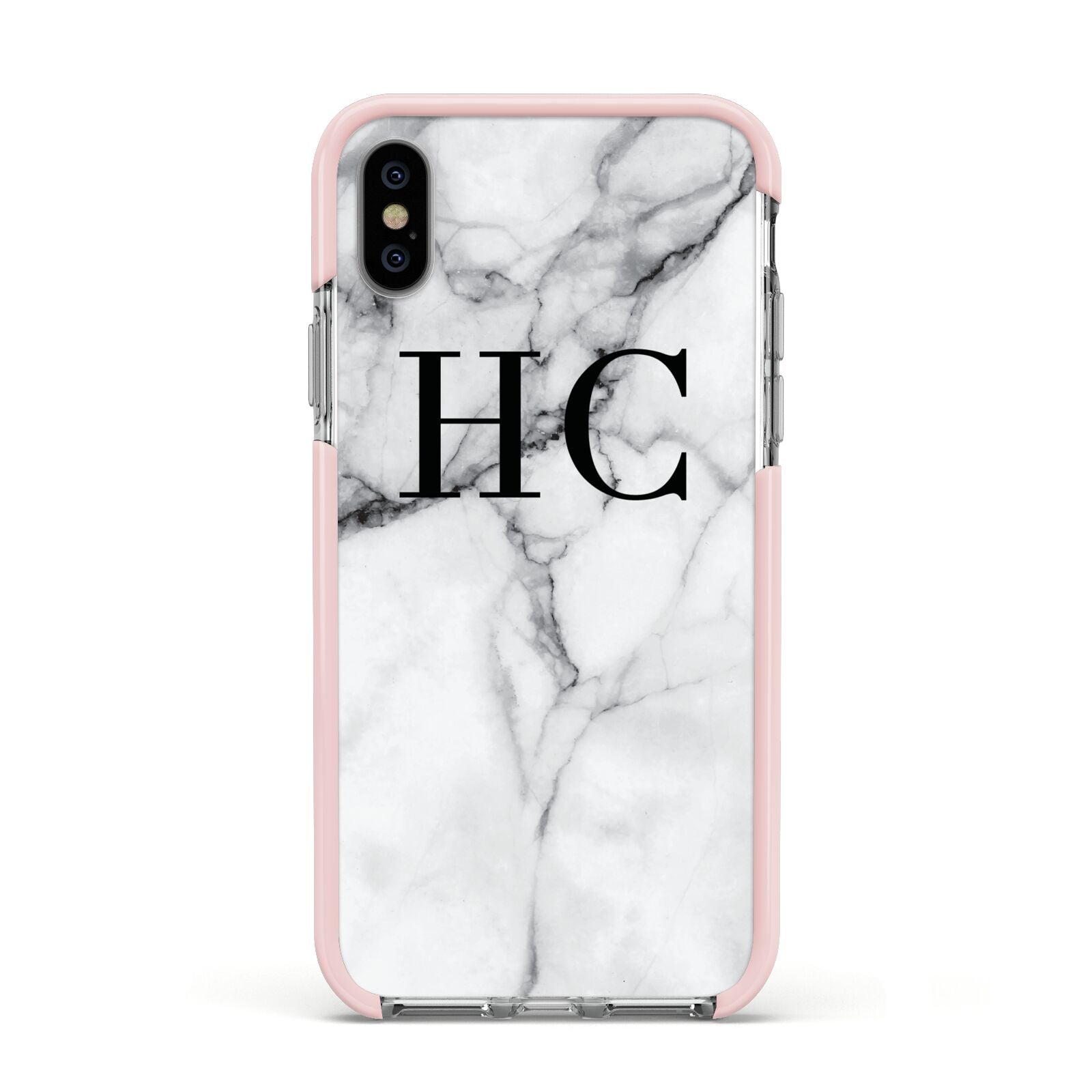 Personalised Marble Effect Initials Monogram Apple iPhone Xs Impact Case Pink Edge on Silver Phone