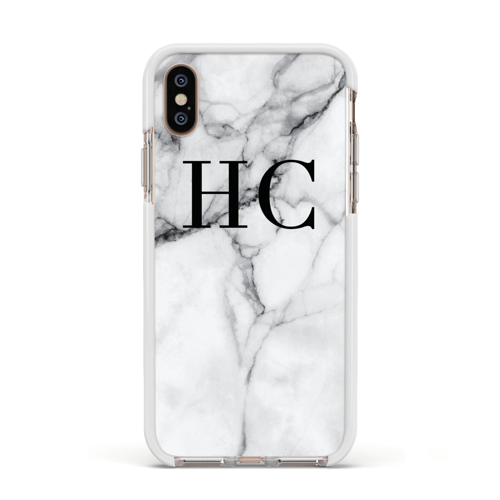 Personalised Marble Effect Initials Monogram Apple iPhone Xs Impact Case White Edge on Gold Phone