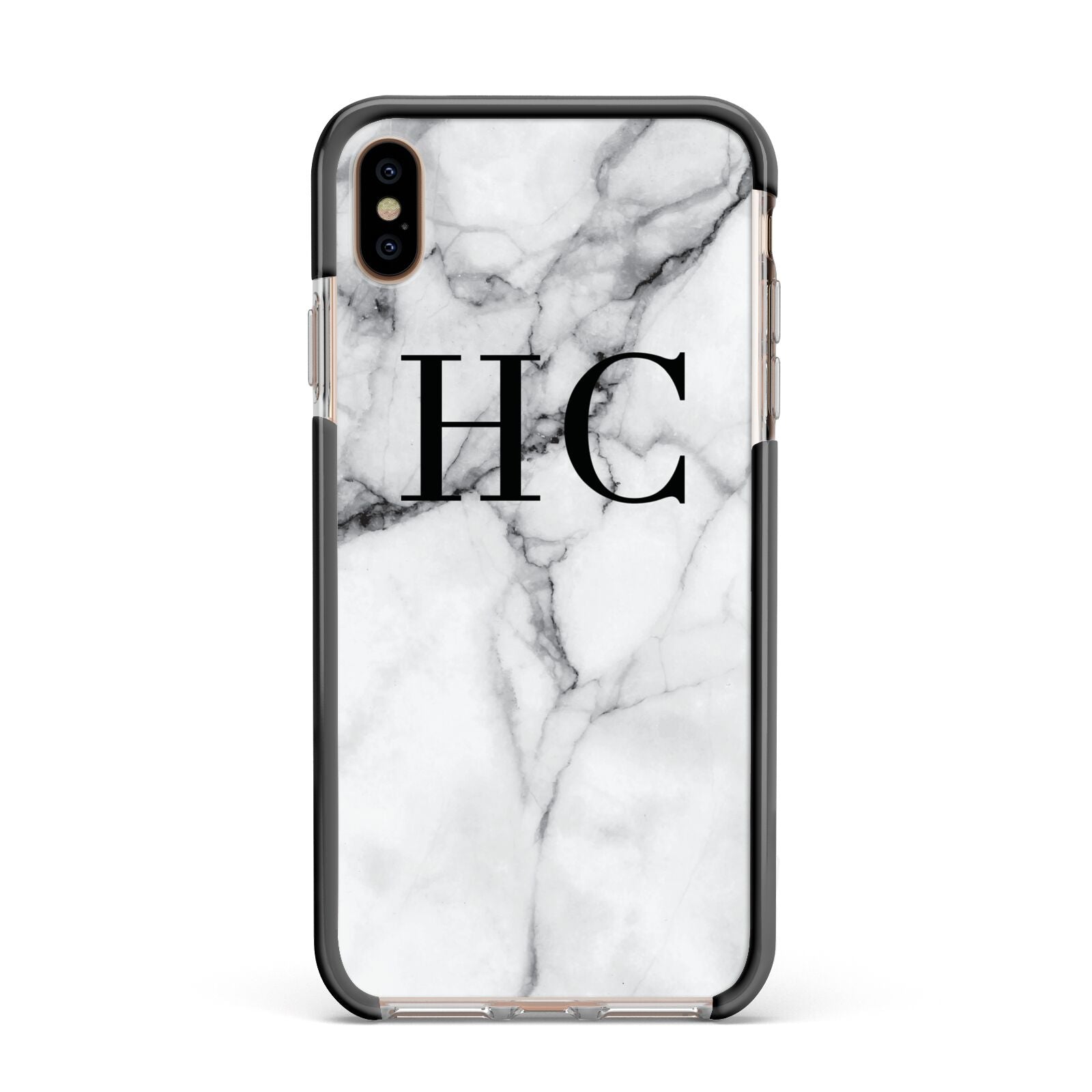 Personalised Marble Effect Initials Monogram Apple iPhone Xs Max Impact Case Black Edge on Gold Phone