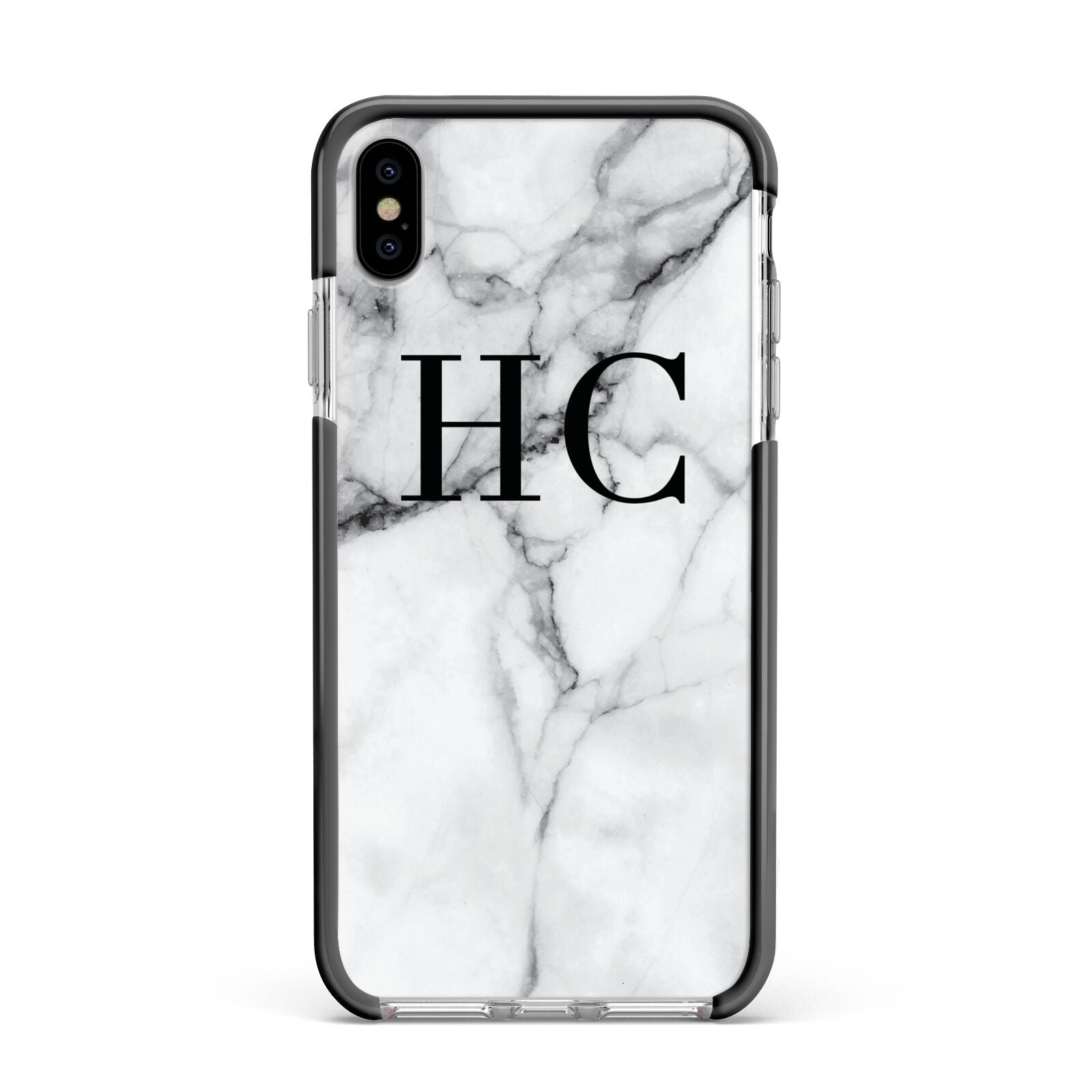 Personalised Marble Effect Initials Monogram Apple iPhone Xs Max Impact Case Black Edge on Silver Phone