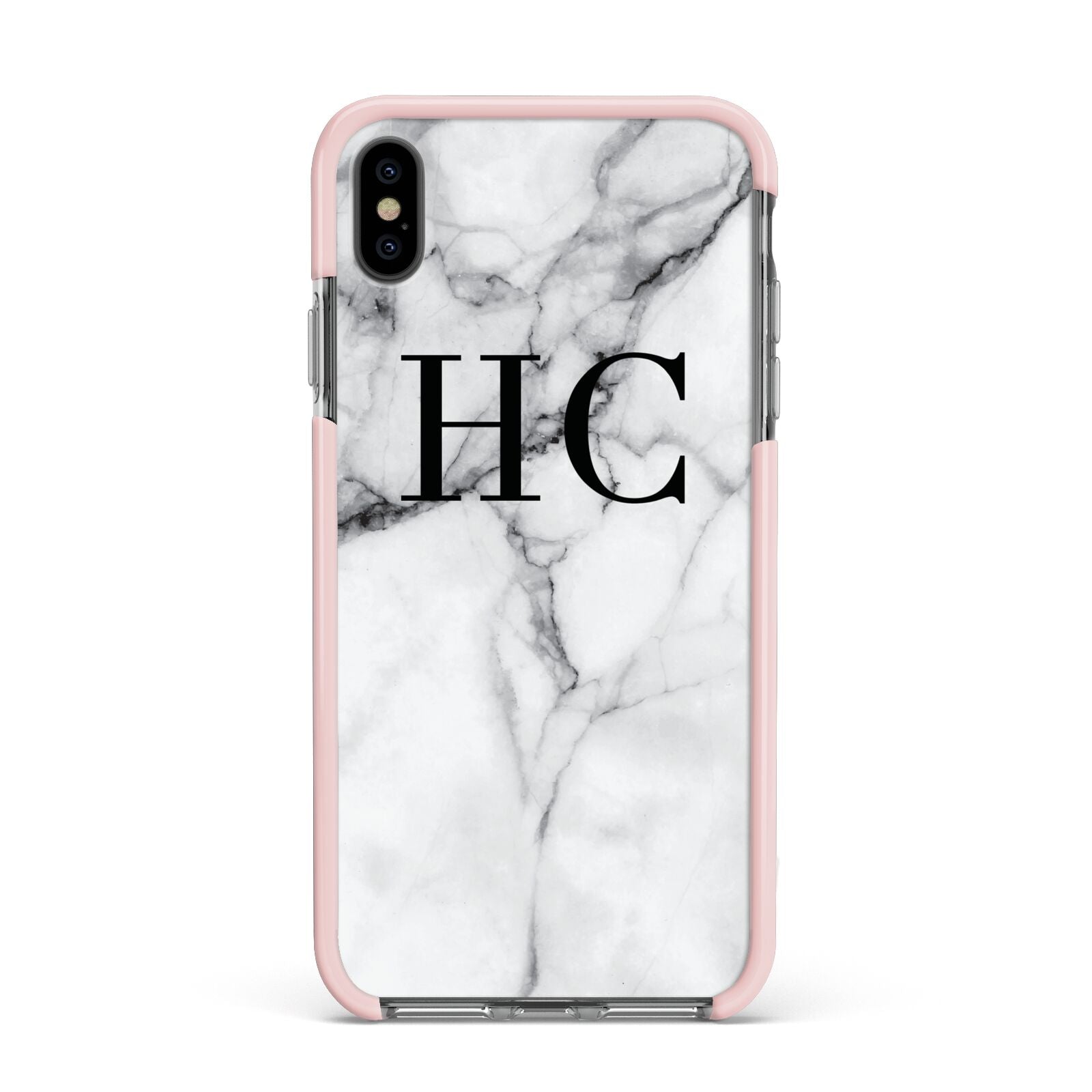 Personalised Marble Effect Initials Monogram Apple iPhone Xs Max Impact Case Pink Edge on Black Phone