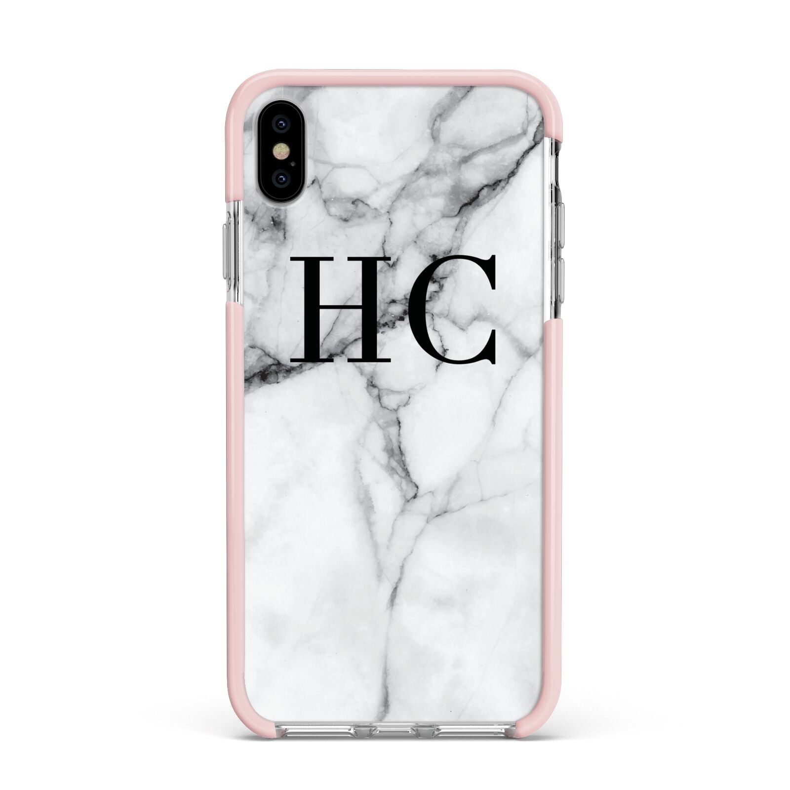Personalised Marble Effect Initials Monogram Apple iPhone Xs Max Impact Case Pink Edge on Silver Phone