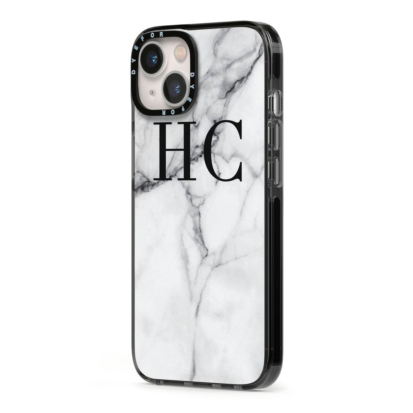 Personalised Marble Effect Initials Monogram iPhone 13 Black Impact Case Side Angle on Silver phone