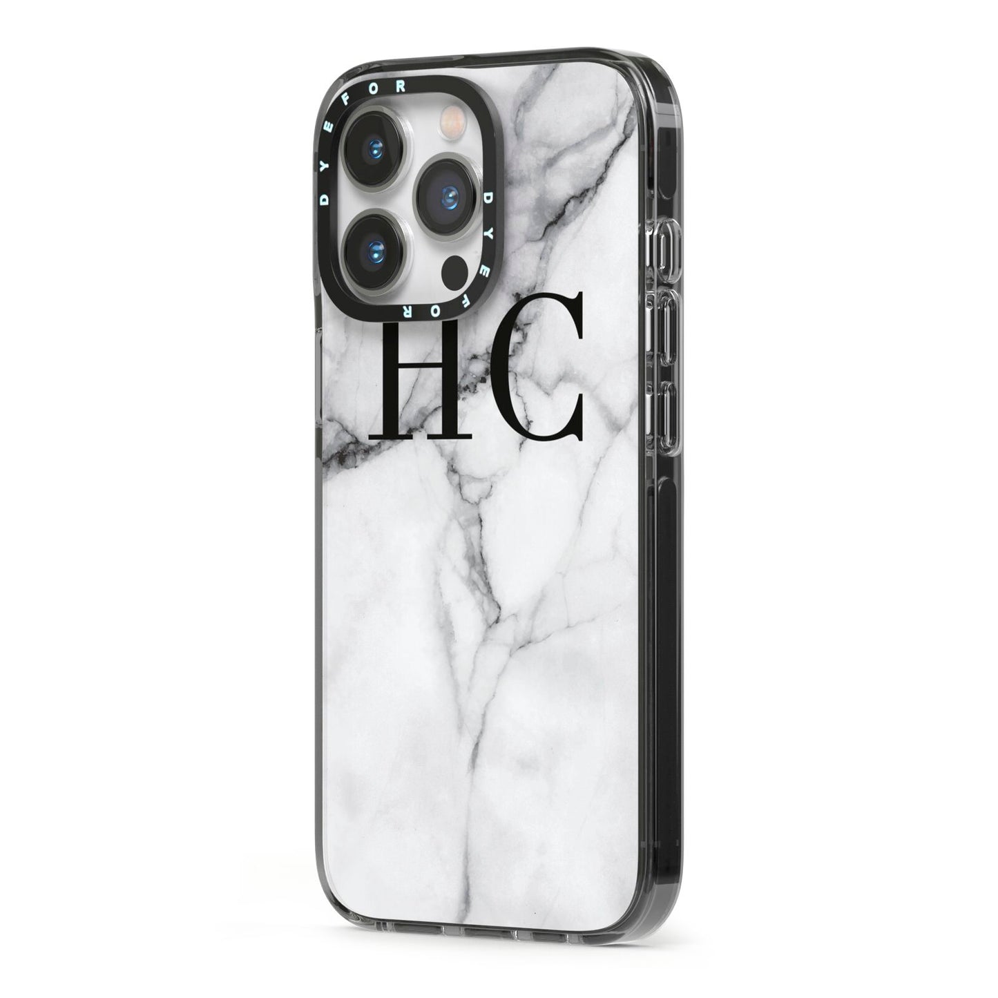Personalised Marble Effect Initials Monogram iPhone 13 Pro Black Impact Case Side Angle on Silver phone