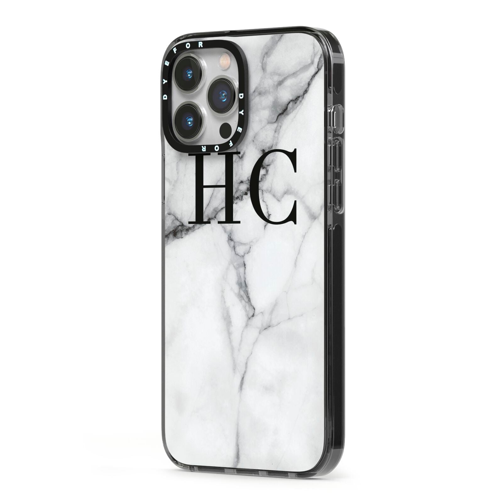 Personalised Marble Effect Initials Monogram iPhone 13 Pro Max Black Impact Case Side Angle on Silver phone