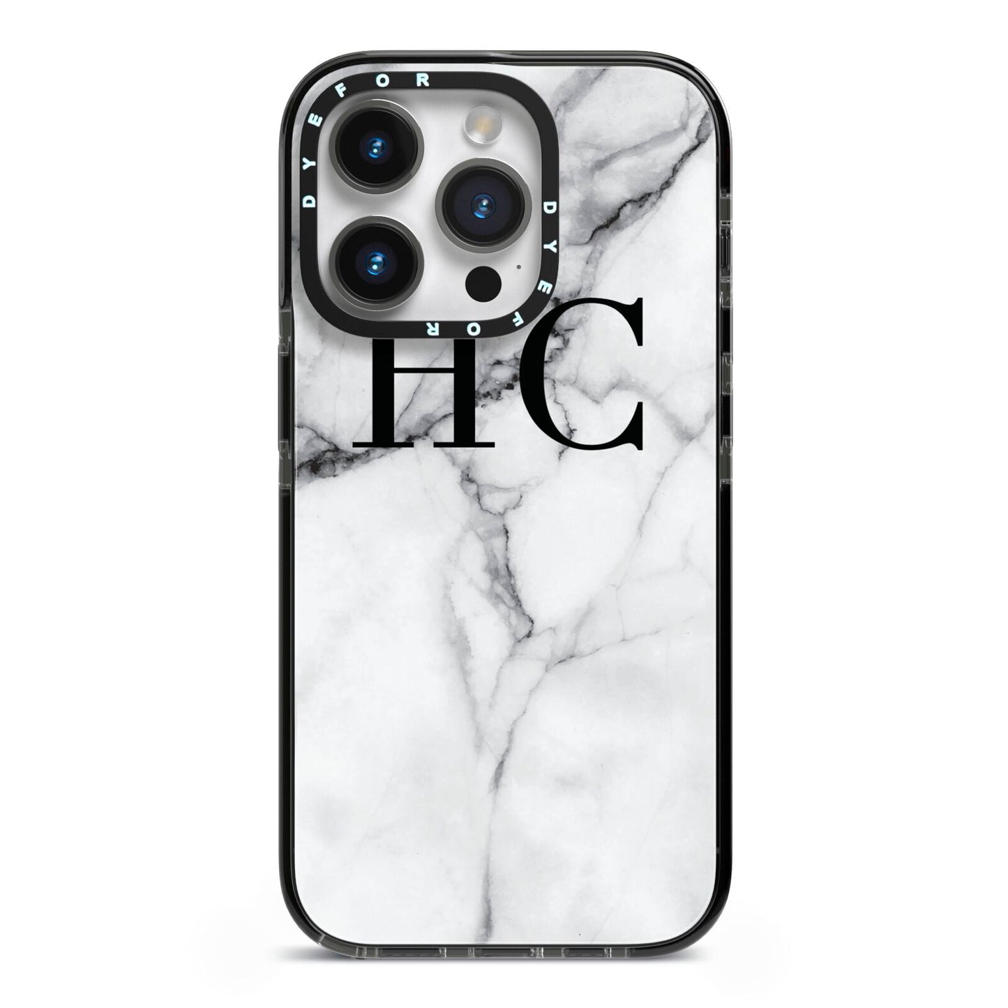 Personalised Marble Effect Initials Monogram iPhone 14 Pro Black Impact Case on Silver phone