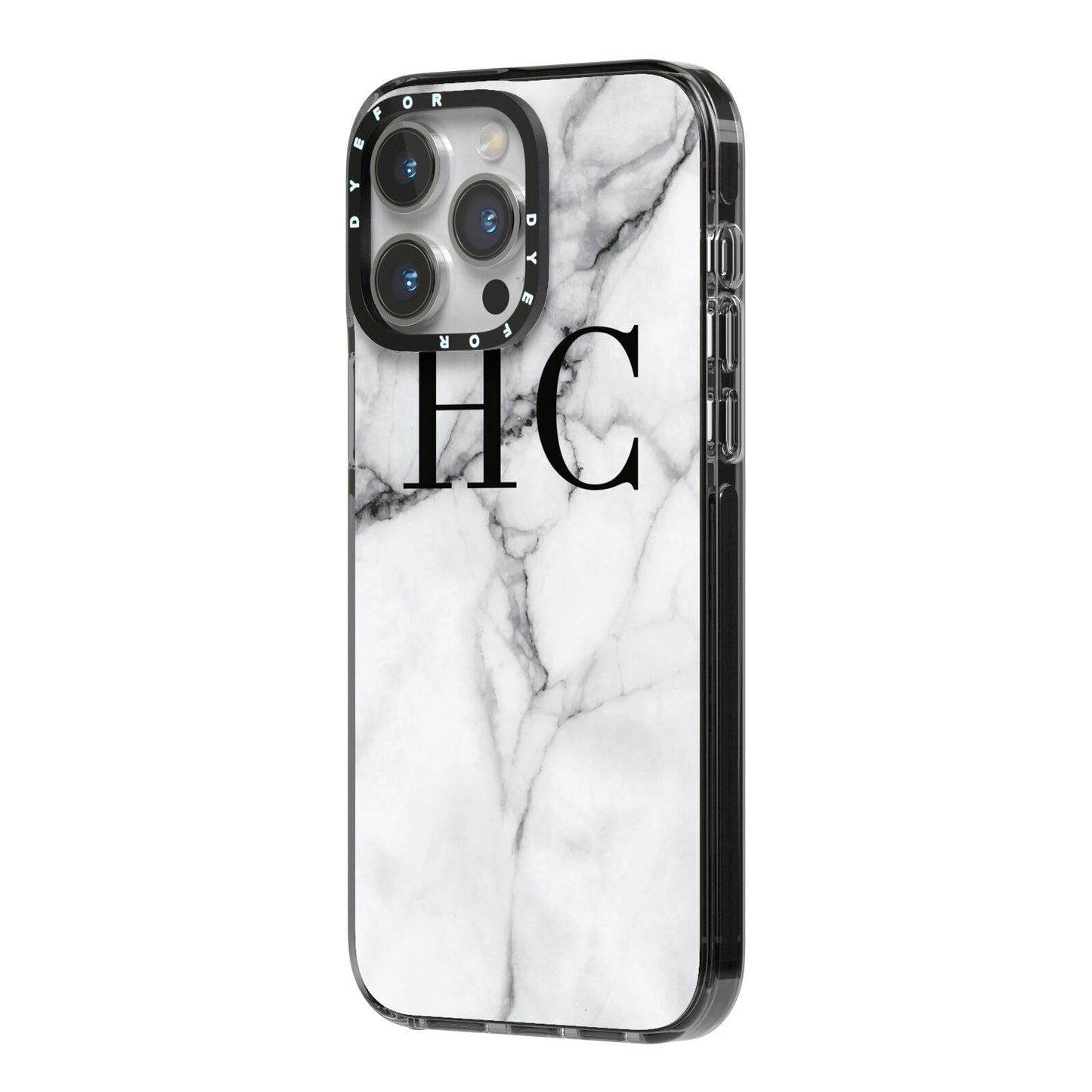 Personalised Marble Effect Initials Monogram iPhone 14 Pro Max Black Impact Case Side Angle on Silver phone