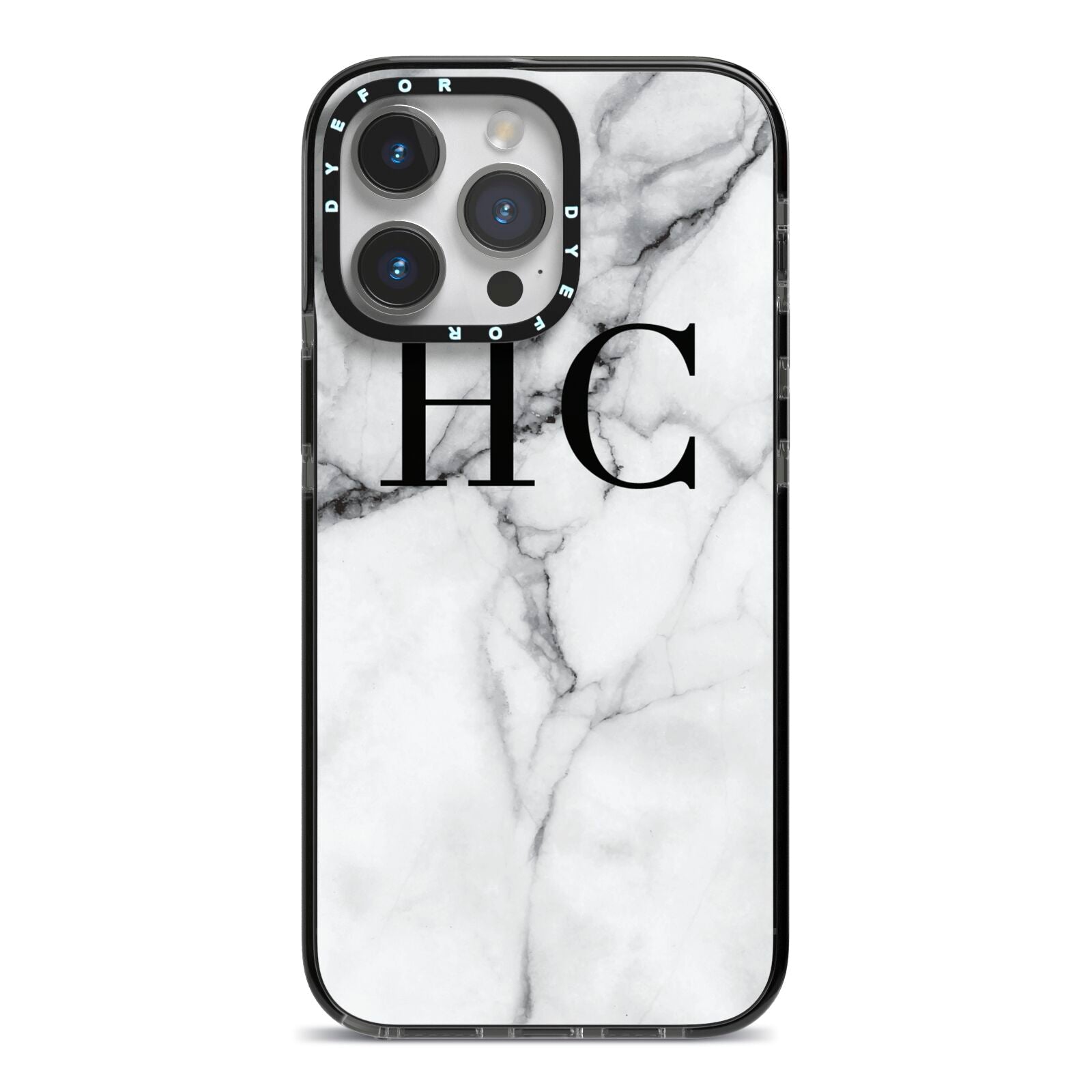 Personalised Marble Effect Initials Monogram iPhone 14 Pro Max Black Impact Case on Silver phone