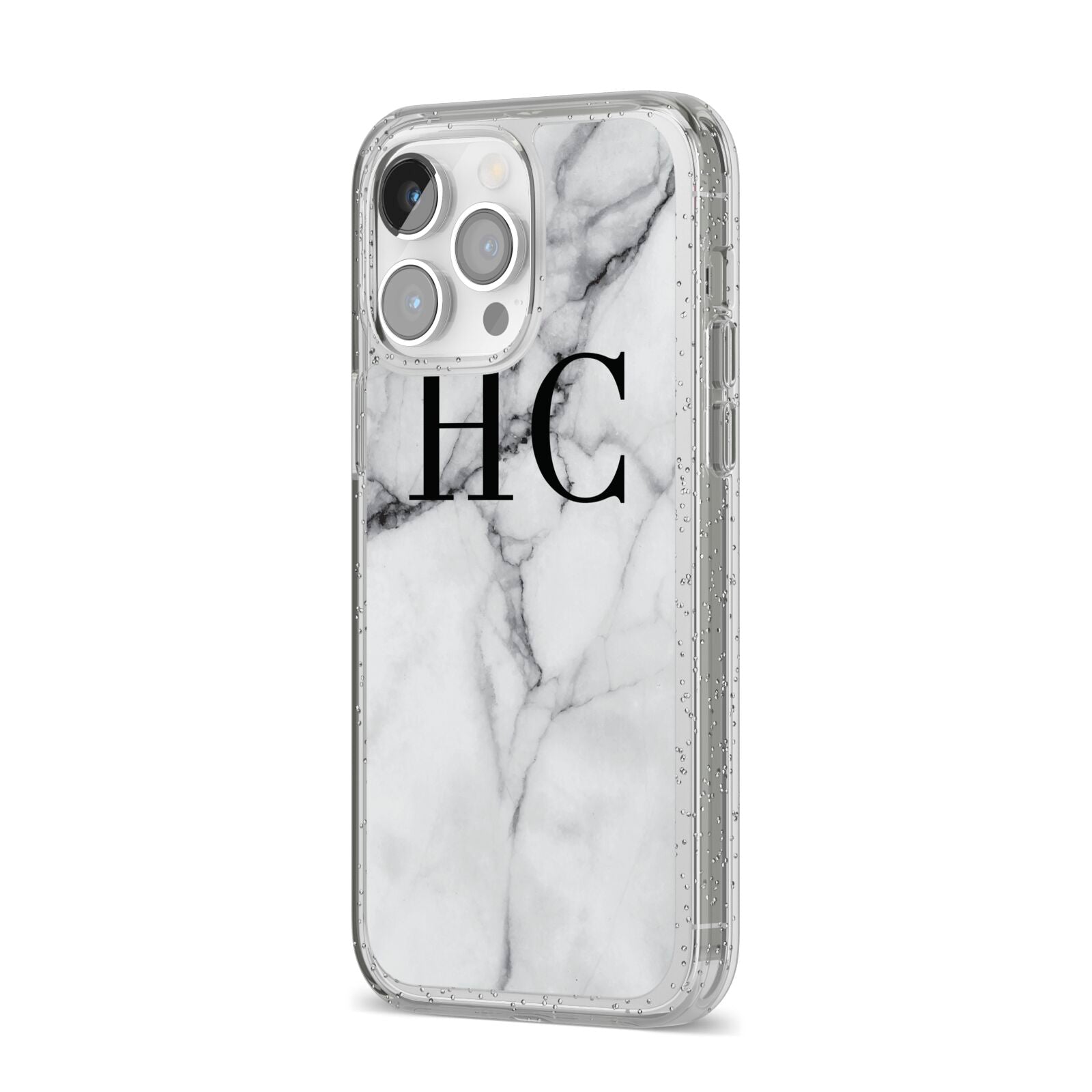 Personalised Marble Effect Initials Monogram iPhone 14 Pro Max Glitter Tough Case Silver Angled Image