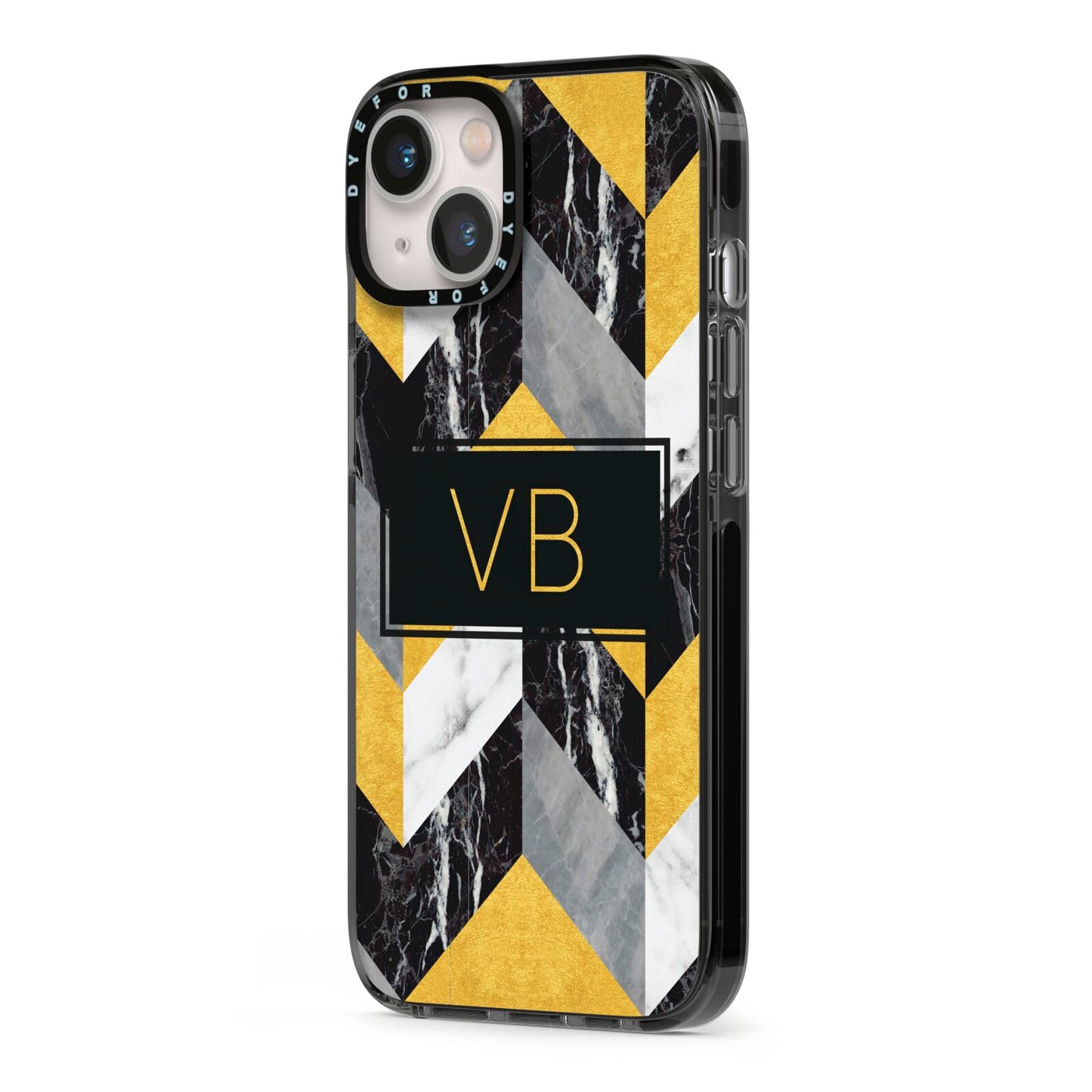 Personalised Marble Effect Initials iPhone 13 Black Impact Case Side Angle on Silver phone