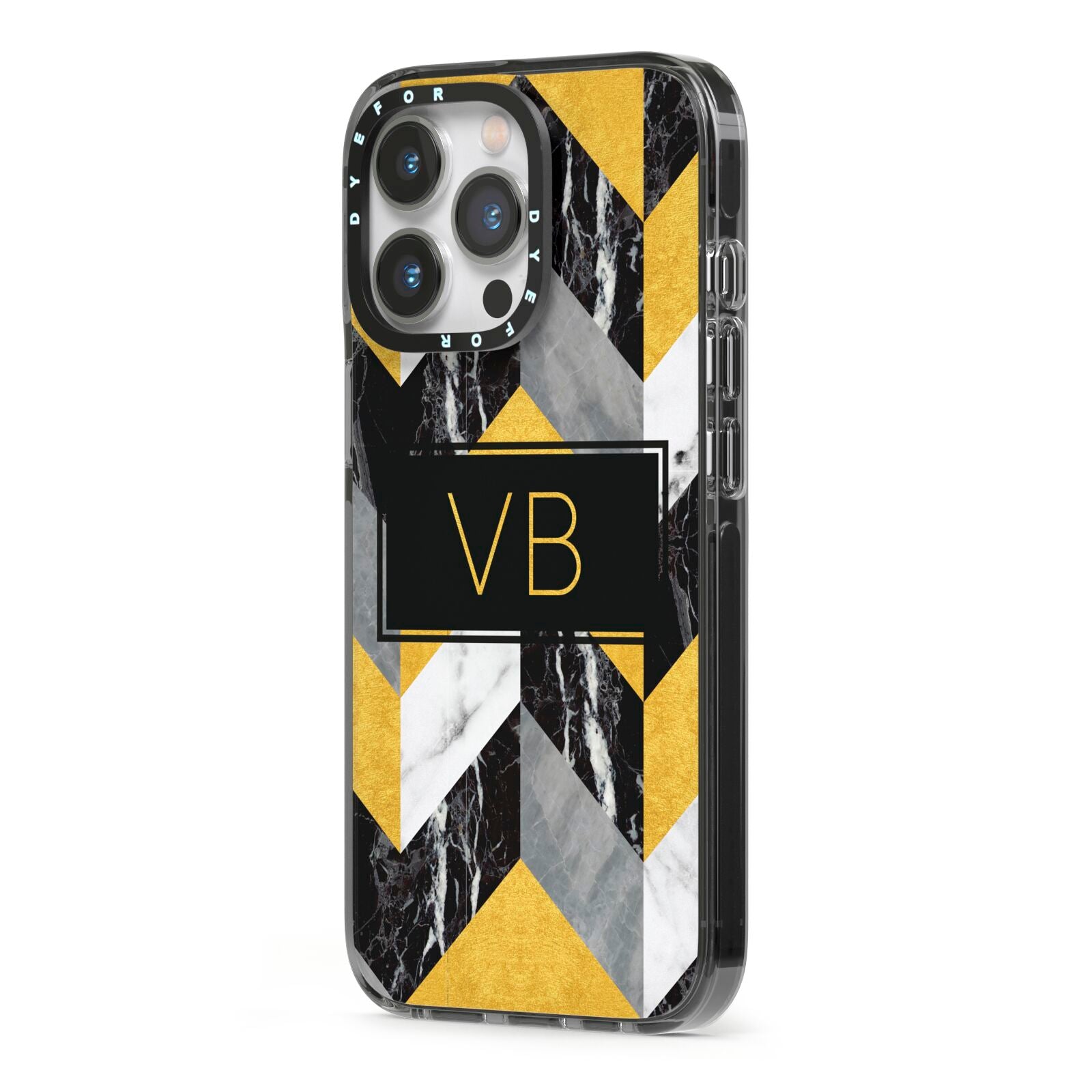 Personalised Marble Effect Initials iPhone 13 Pro Black Impact Case Side Angle on Silver phone