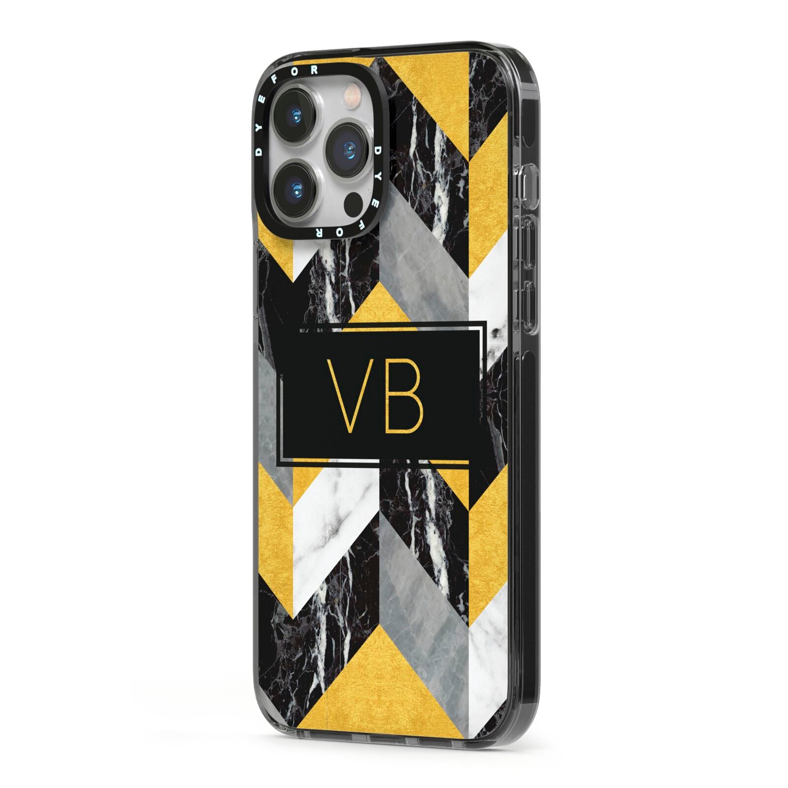 Personalised Marble Effect Initials iPhone 13 Pro Max Black Impact Case Side Angle on Silver phone