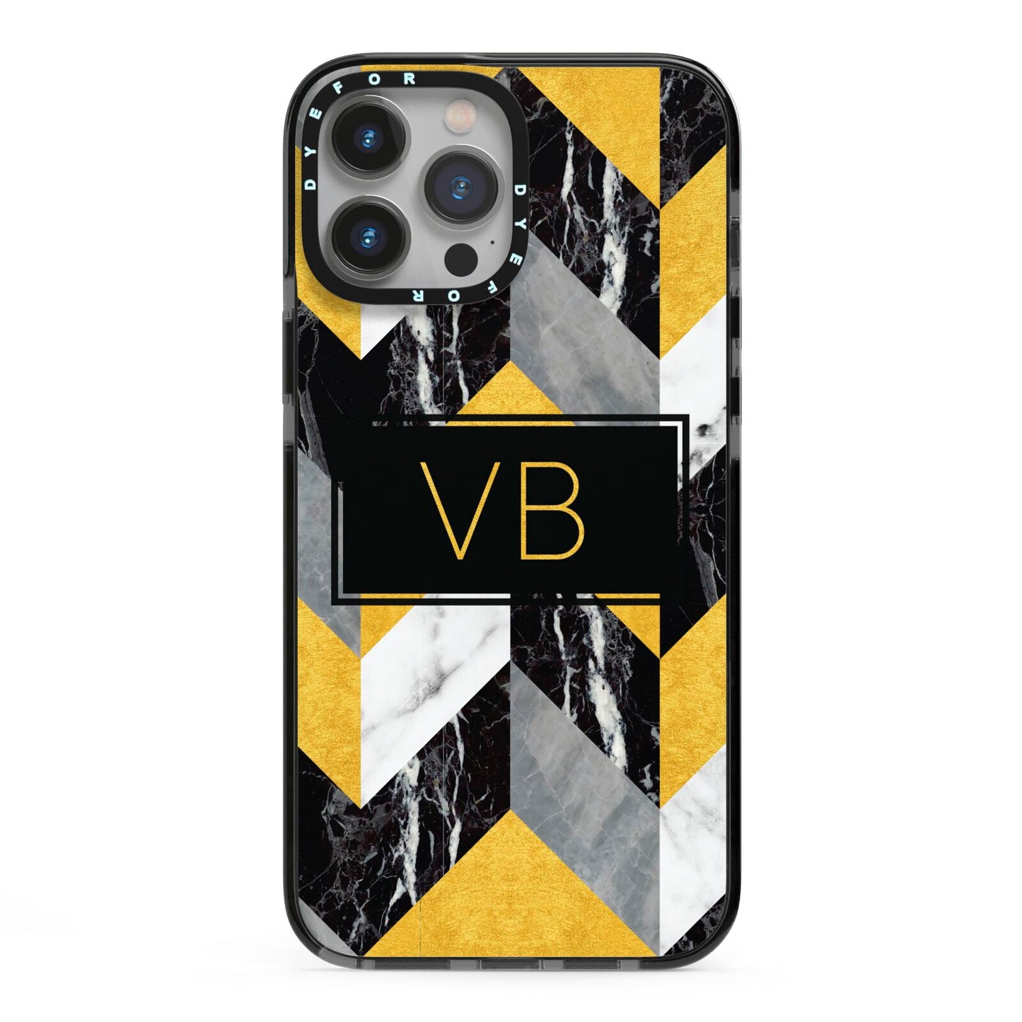 Personalised Marble Effect Initials iPhone 13 Pro Max Black Impact Case on Silver phone